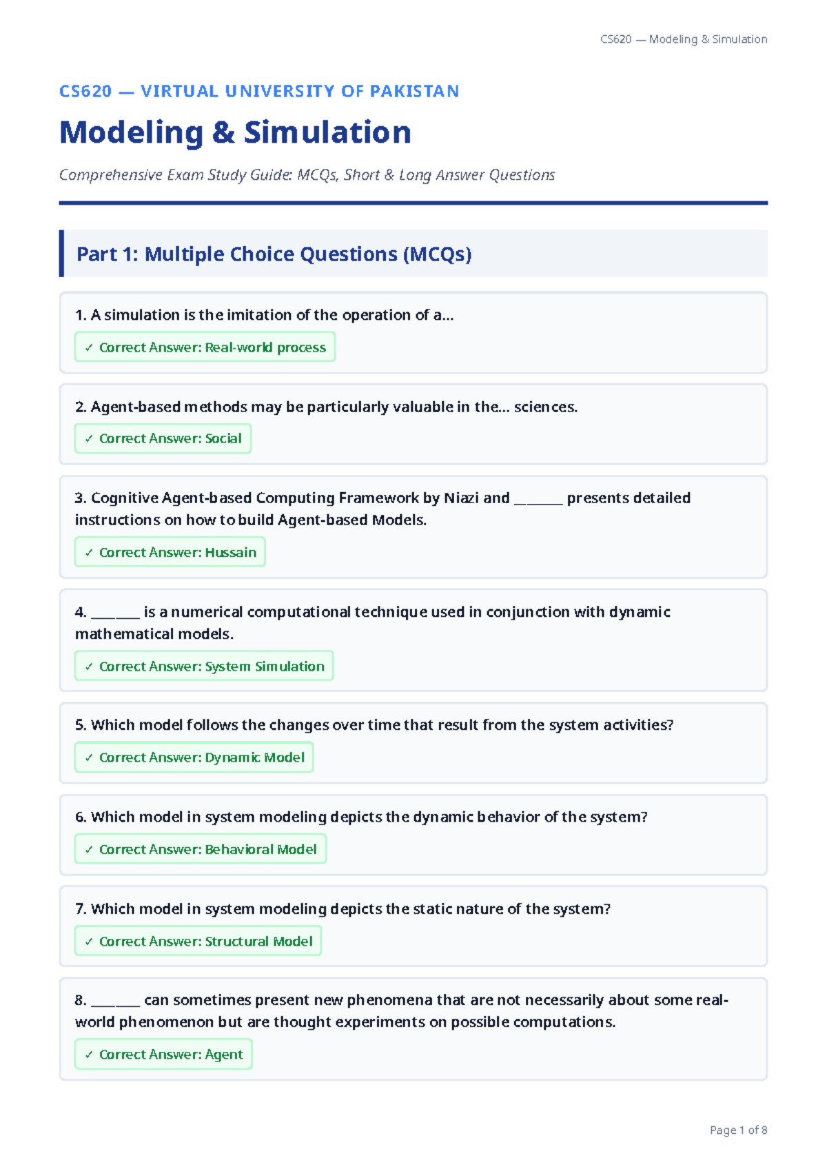 CS620 Modeling Simulation Comprehensive Exam Study Guide: MCQs & Short ...