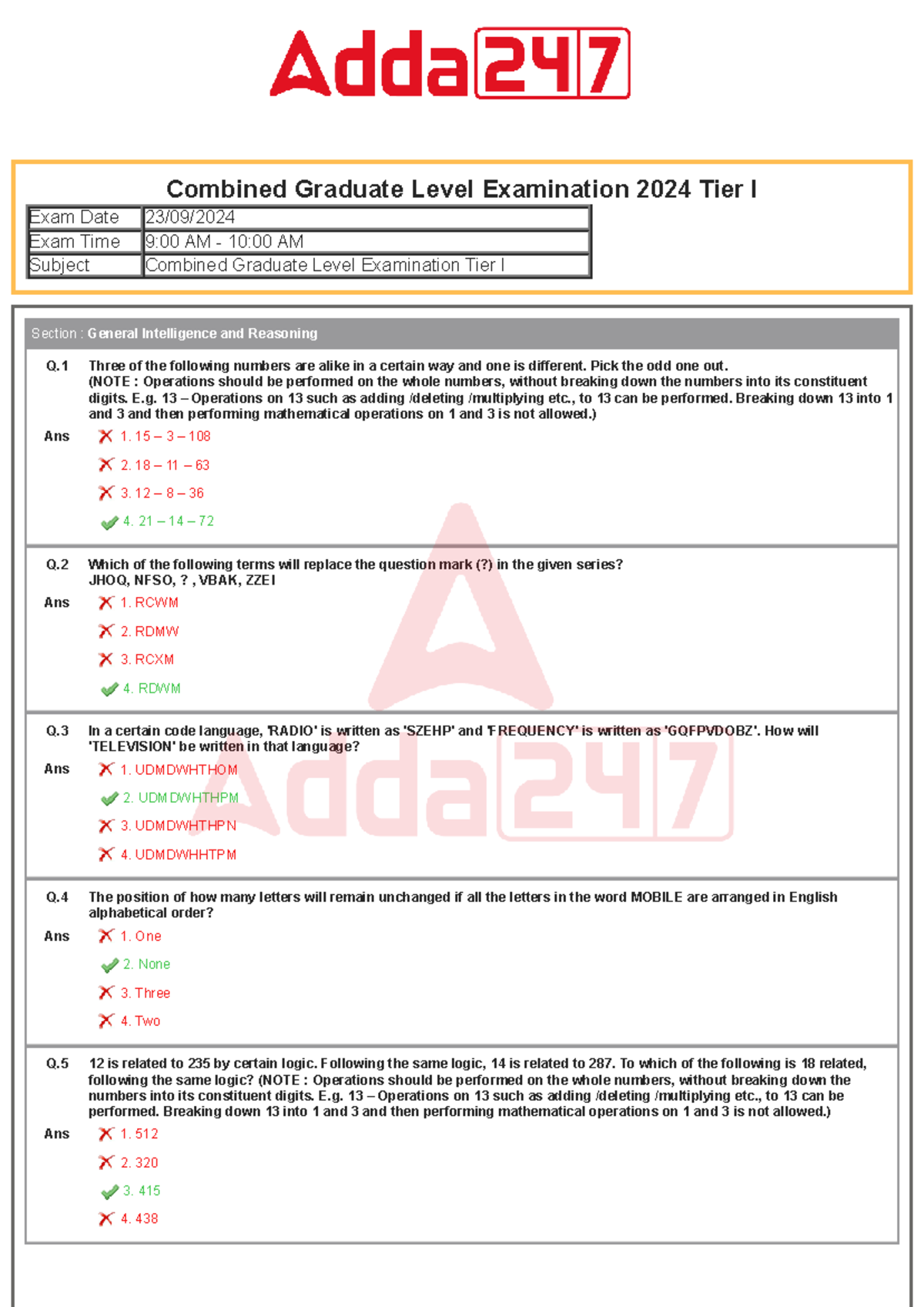 SSC CGL 2024 Tier I Exam Date and General Intelligence Questions - Studocu