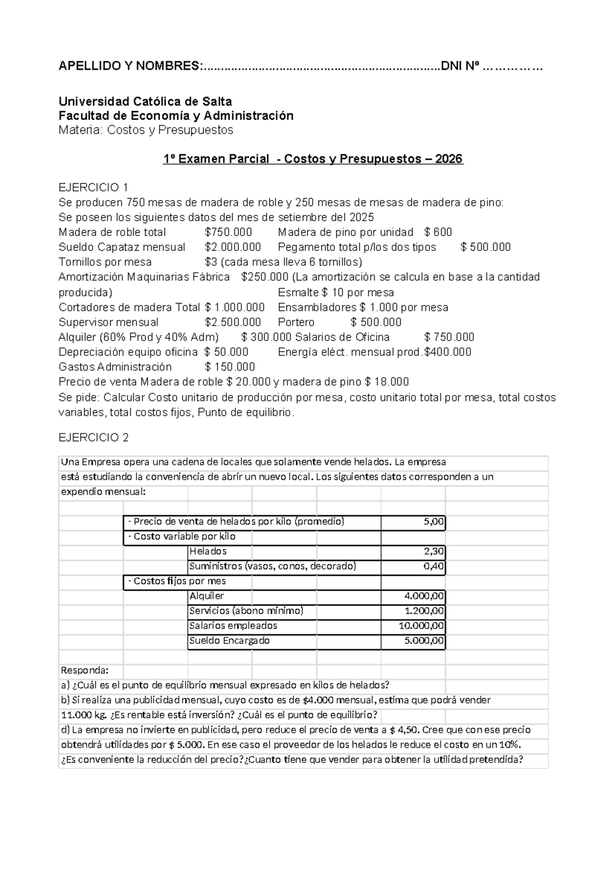 Examen Parcial 1º Costos y Presupuestos 2026: Ejercicios y Cálculos ...
