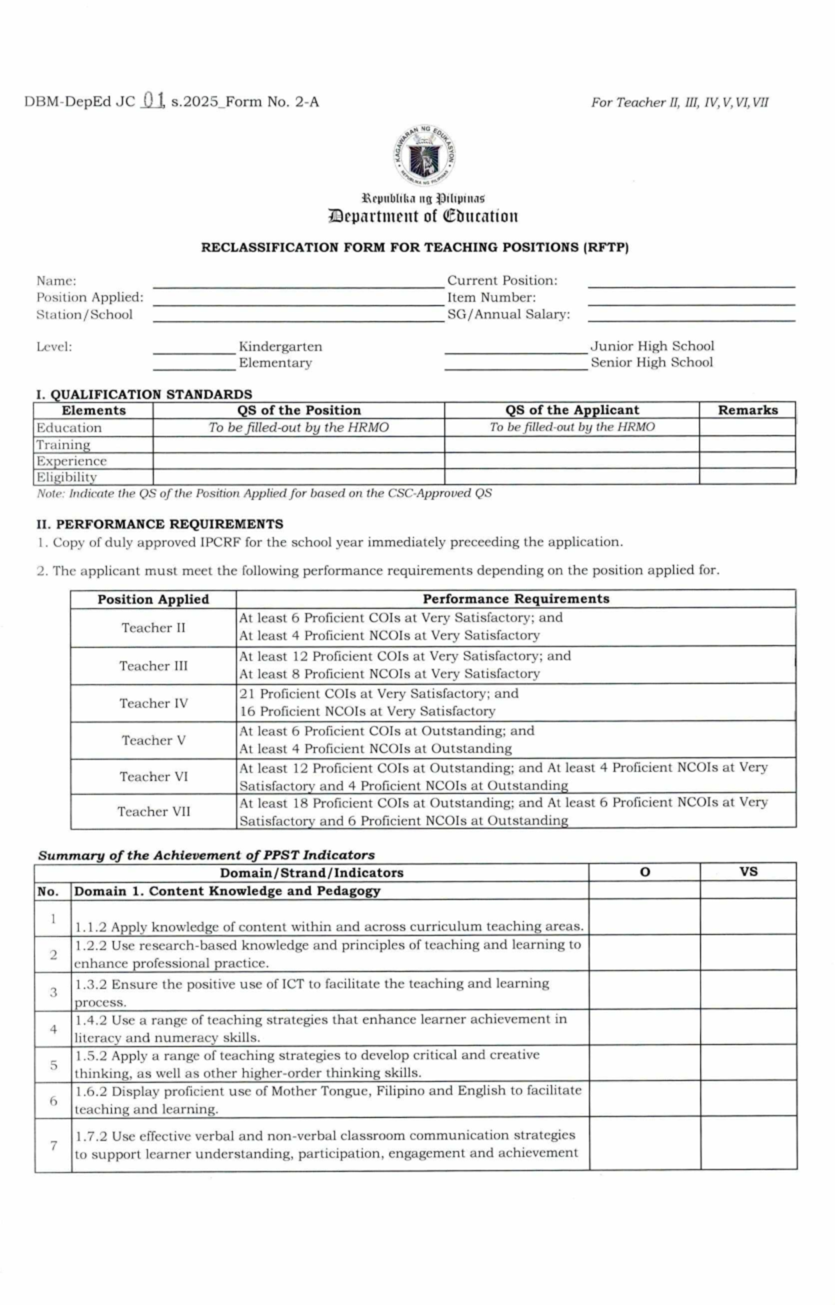 RFTP-T2-T7 Reclassification Form for Teaching Positions - Studocu