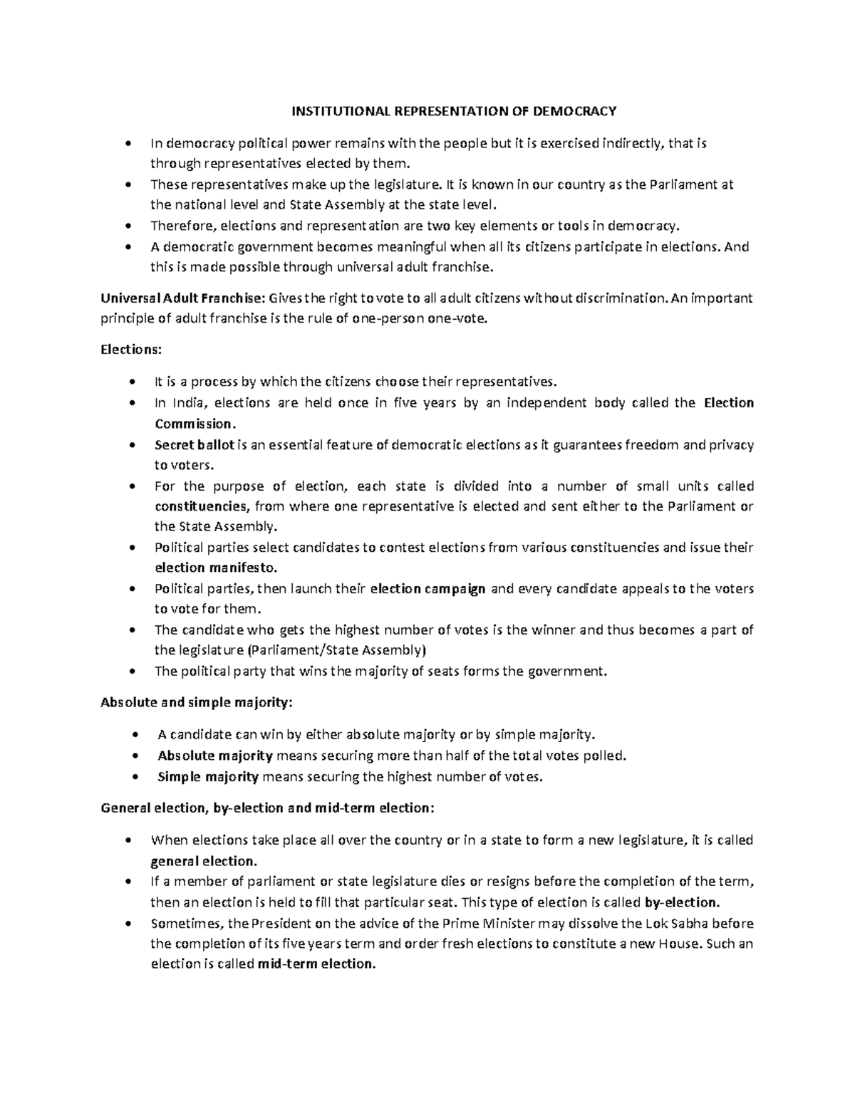 Institutional Representation of Democracy (Running Notes) - Std 7 - Studocu