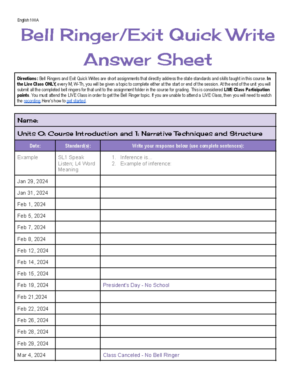 English 108A Bell Ringer/Exit Quick Write Answer Sheet - Unit 1 - Studocu