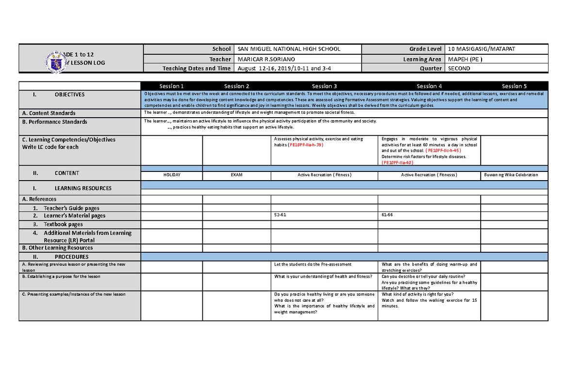 Grade 10 MAPEH DLL: August 12-16 Daily Lesson Log Activities - Studocu