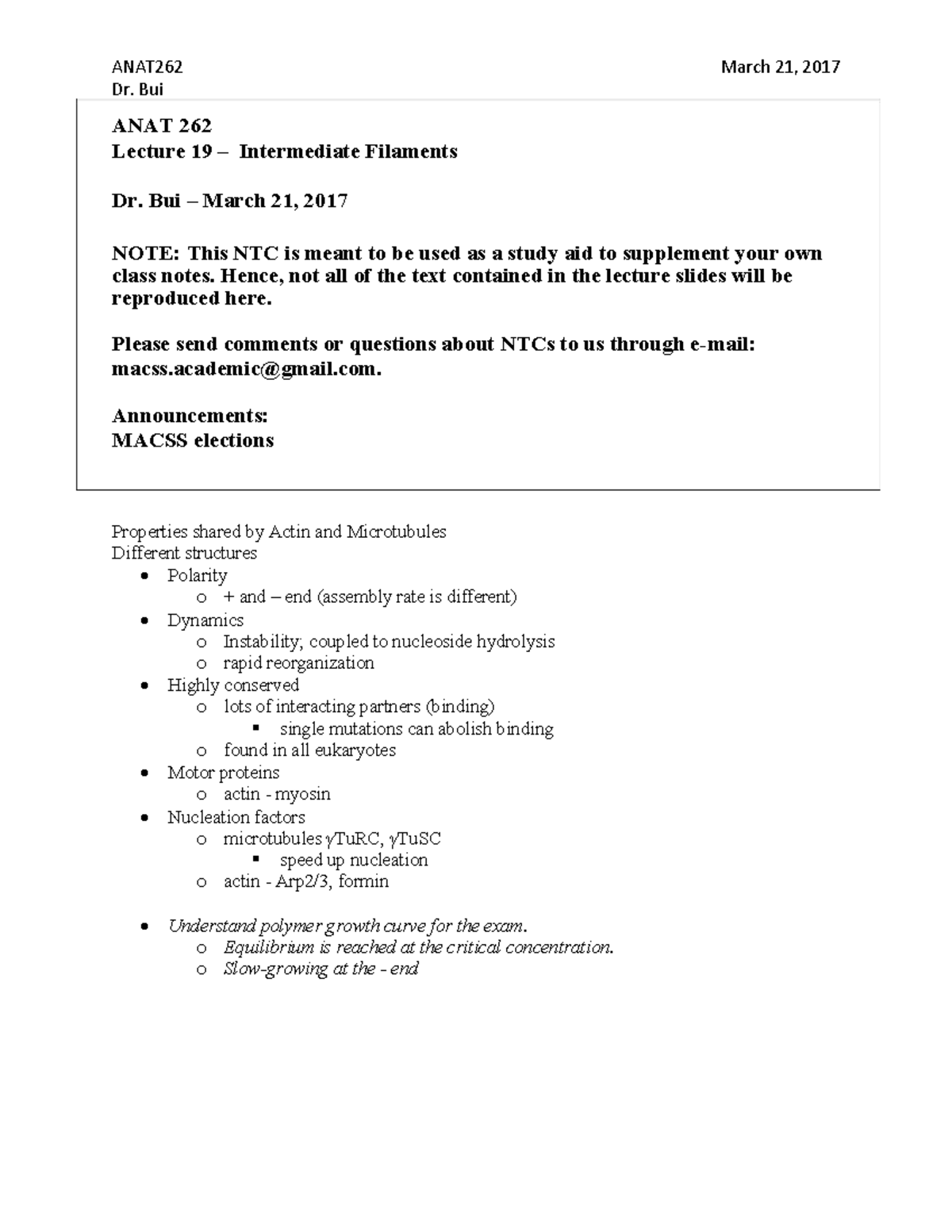 ANAT 262 Lecture 19: Intermediate Filaments Study Notes - Studocu