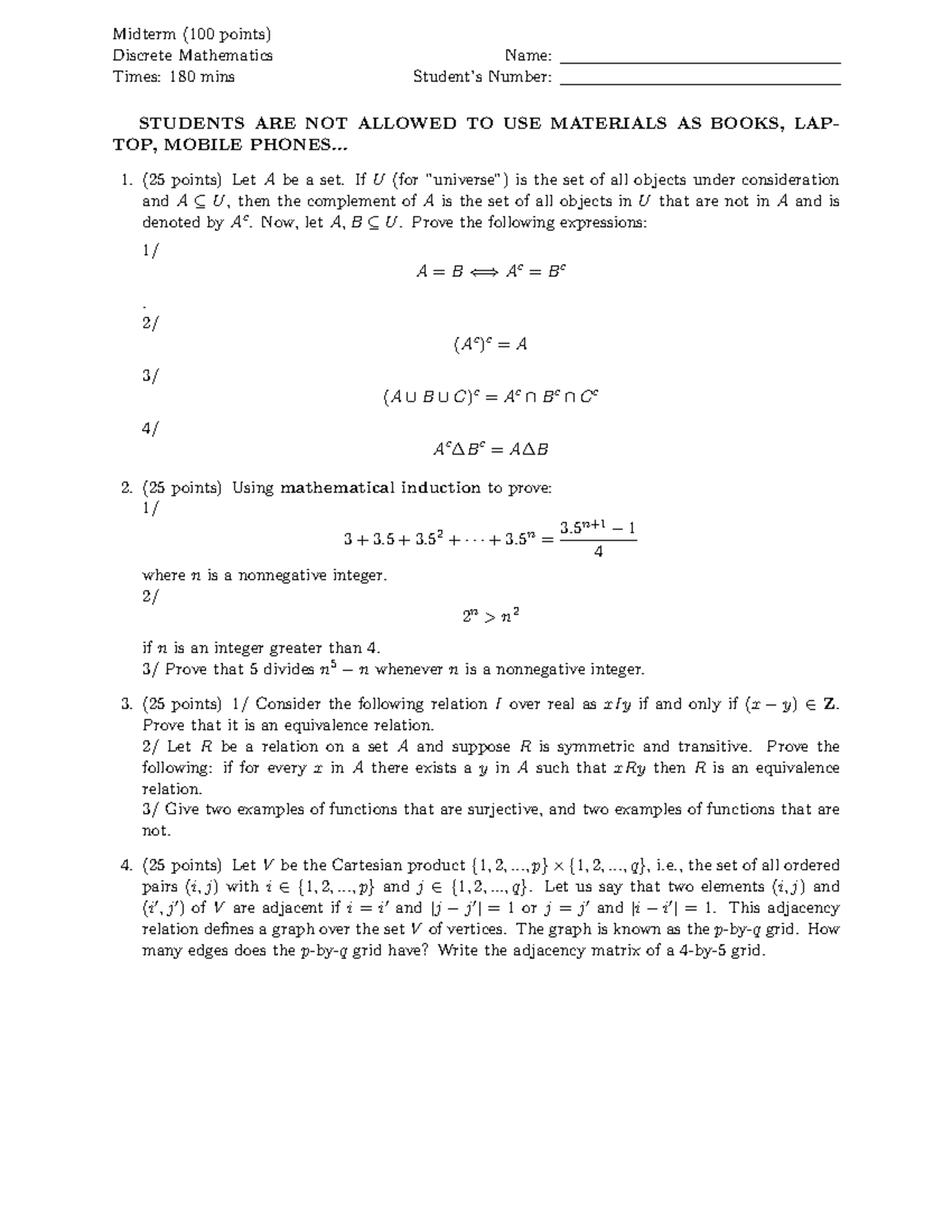Giữa kỳ TRR - Đề 2 - Discrete Mathematics Midterm Exam - Studocu