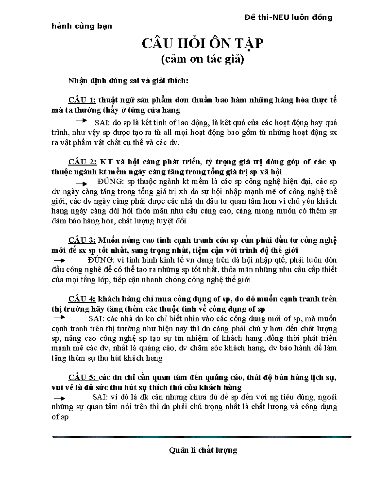 CÂU HỎI ÔN TẬP - Quản Trị Chất Lượng (QTCL) - Document Preview