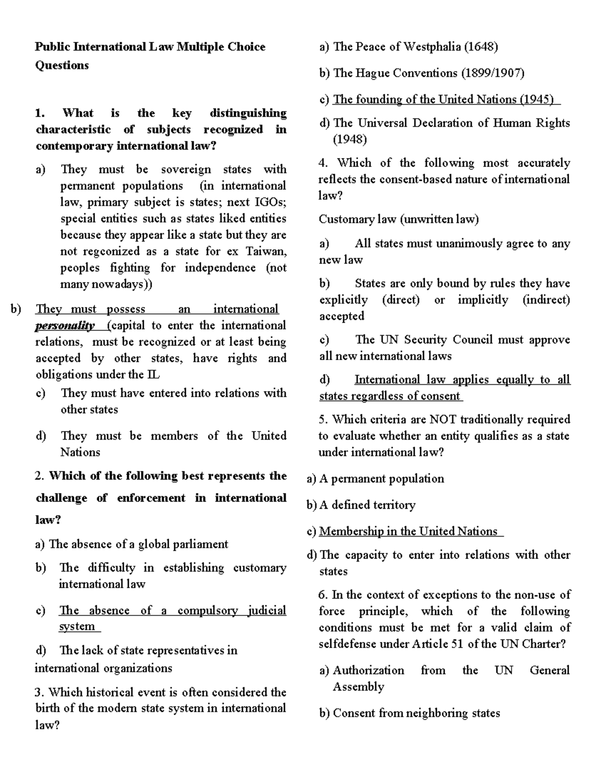 Public International Law 2025 Quiz 01: Multiple Choice Questions - Studocu
