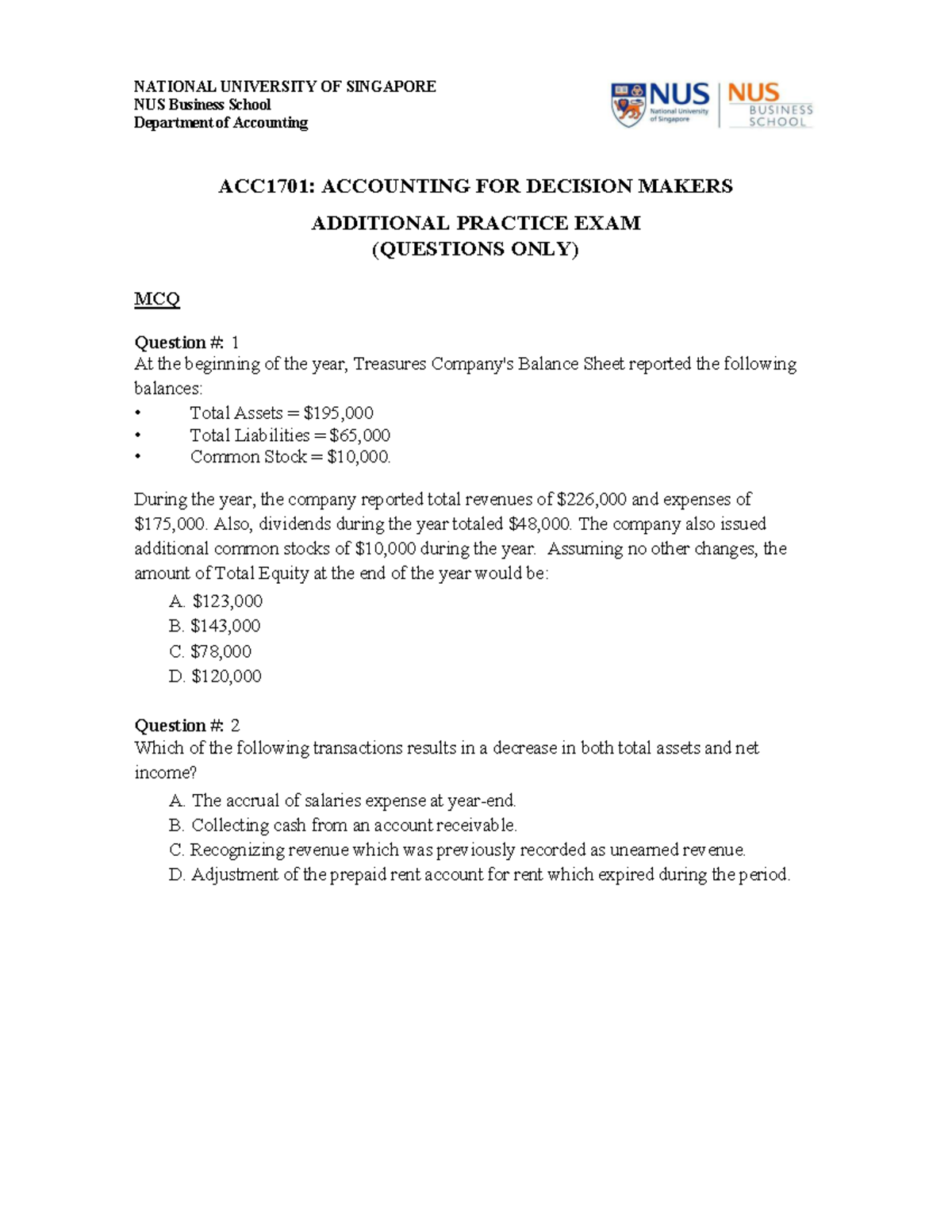 ACC1701 Midterm Practice Exam Questions and Answers - Document Preview