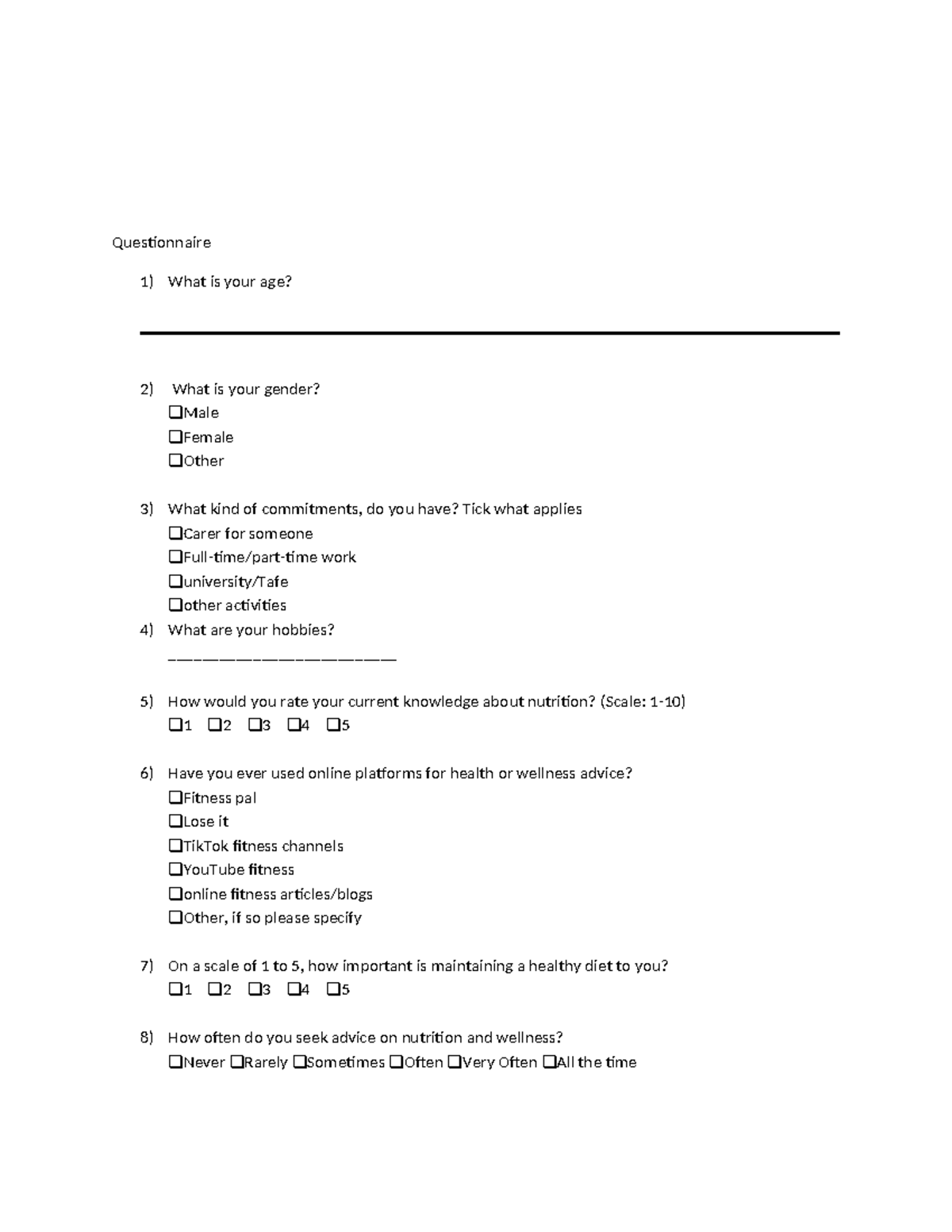 Nutrition Questionnaire Survey 2: Gathering Health Insights - Studocu