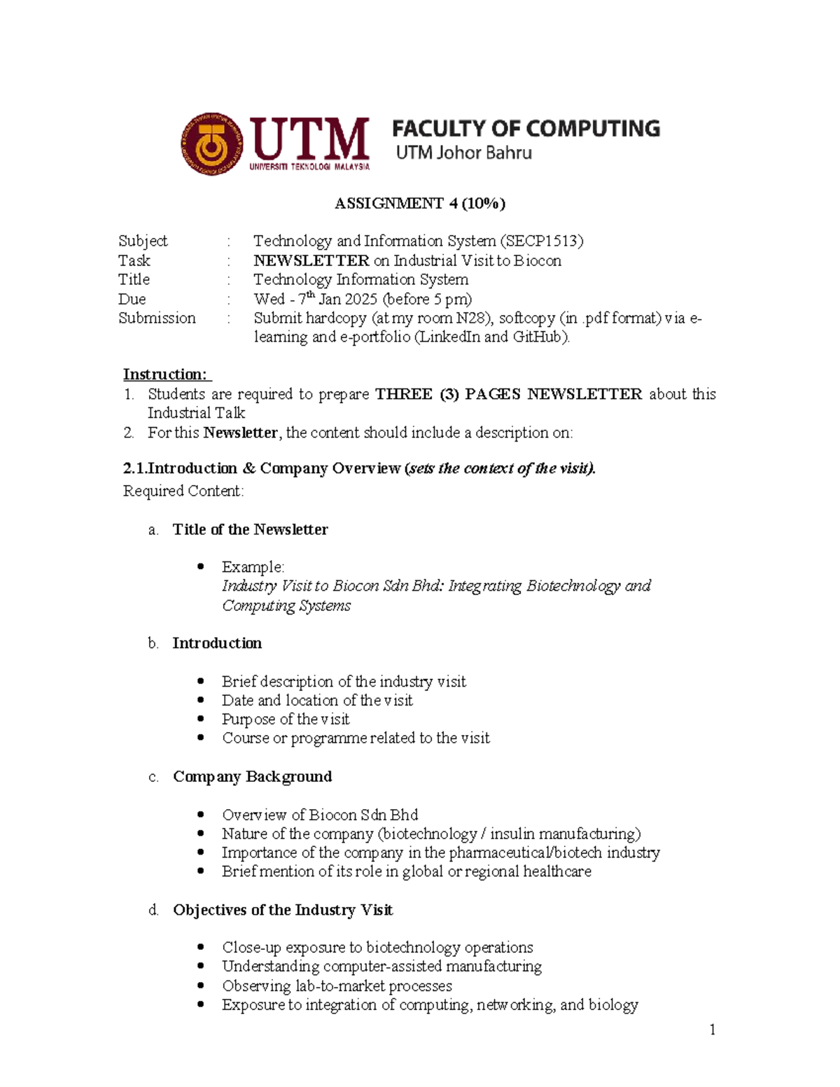 Assignment 4: Newsletter on Industrial Visit to Biocon (SECP1513) - Studocu