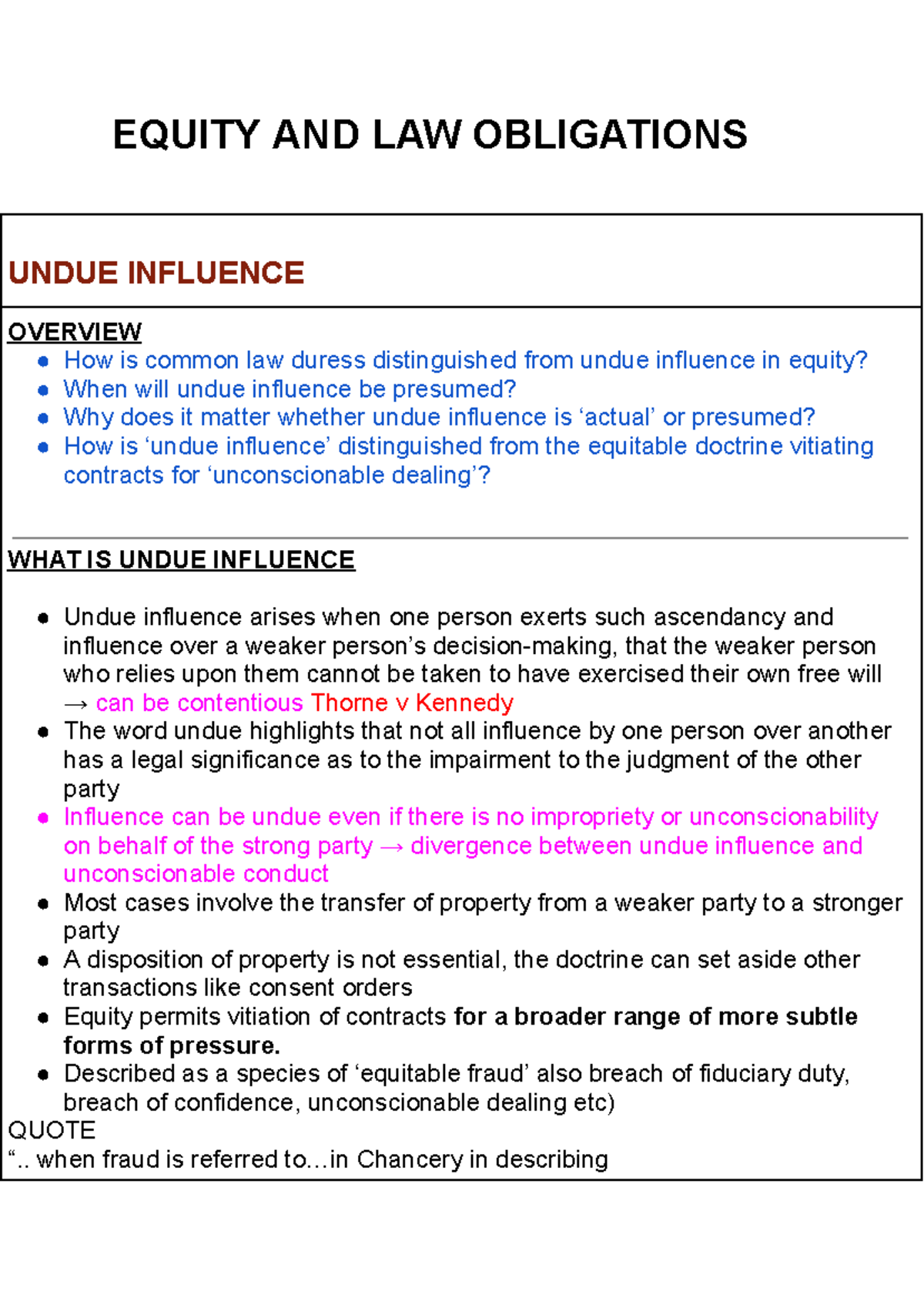 EQUITY AND LAW OBLIGATIONS: UNDUE INFLUENCE OVERVIEW - Studocu