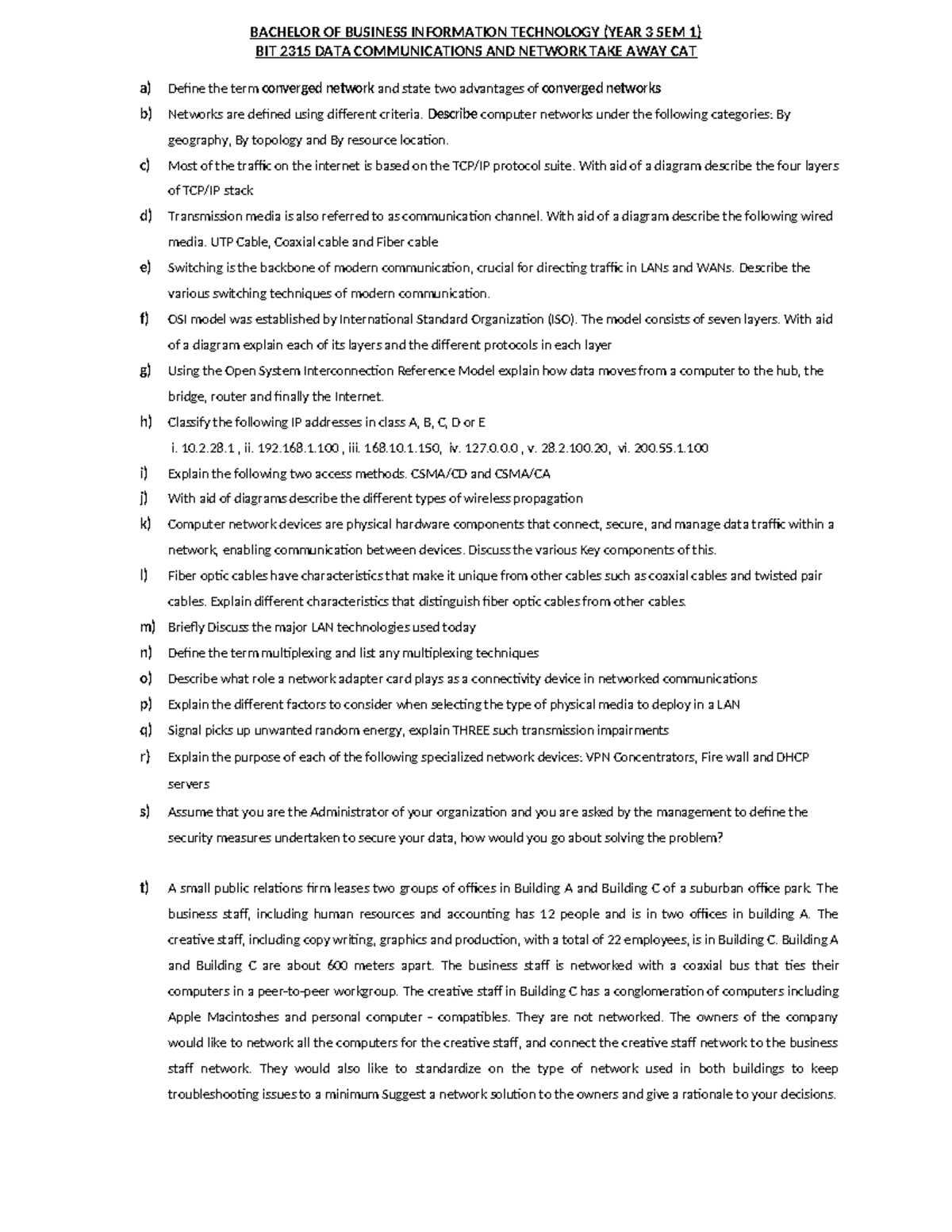 BIT 2315 Data Communications & Networks Takeaway CAT Guide - Studocu