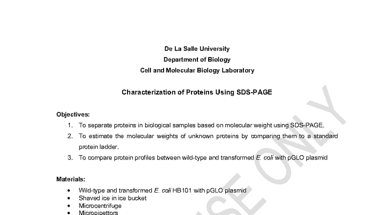 SDS-PAGE Lab Notes for Cell & Molecular Biology (BIO 101) - Studocu