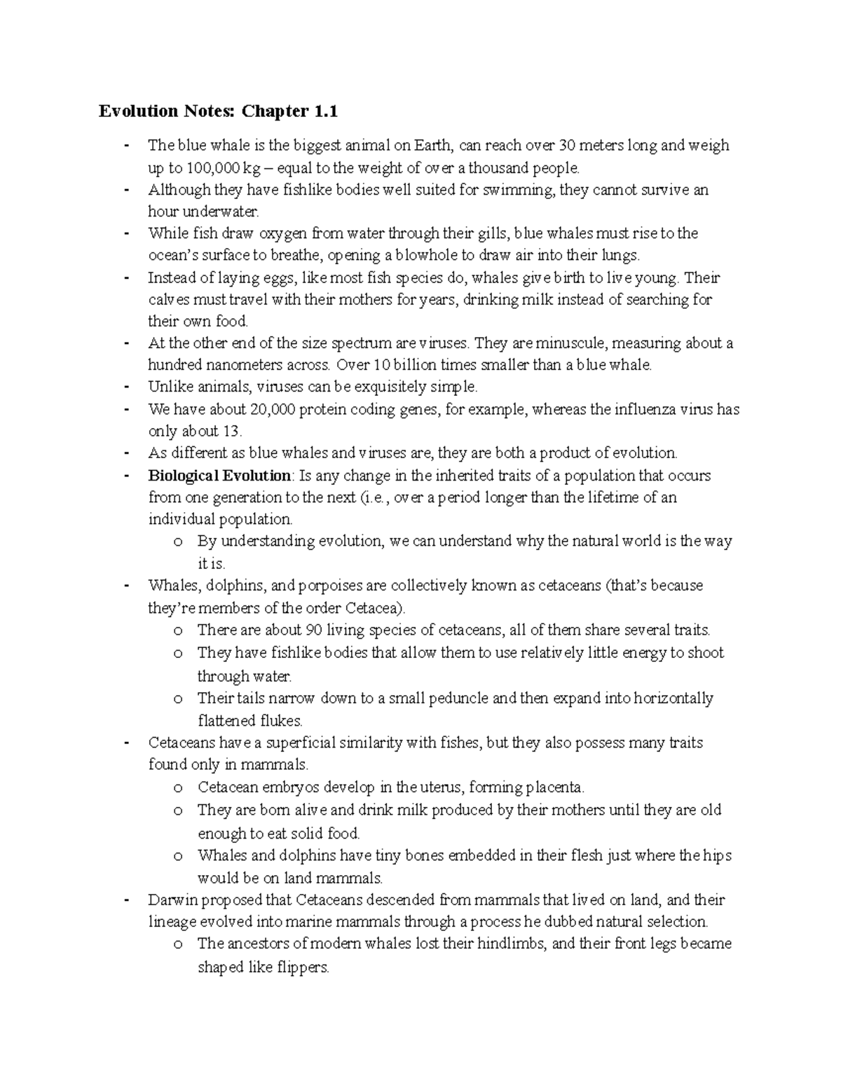 Chapter 1 Notes - Evolution Notes: Chapter 1. The blue whale is the ...