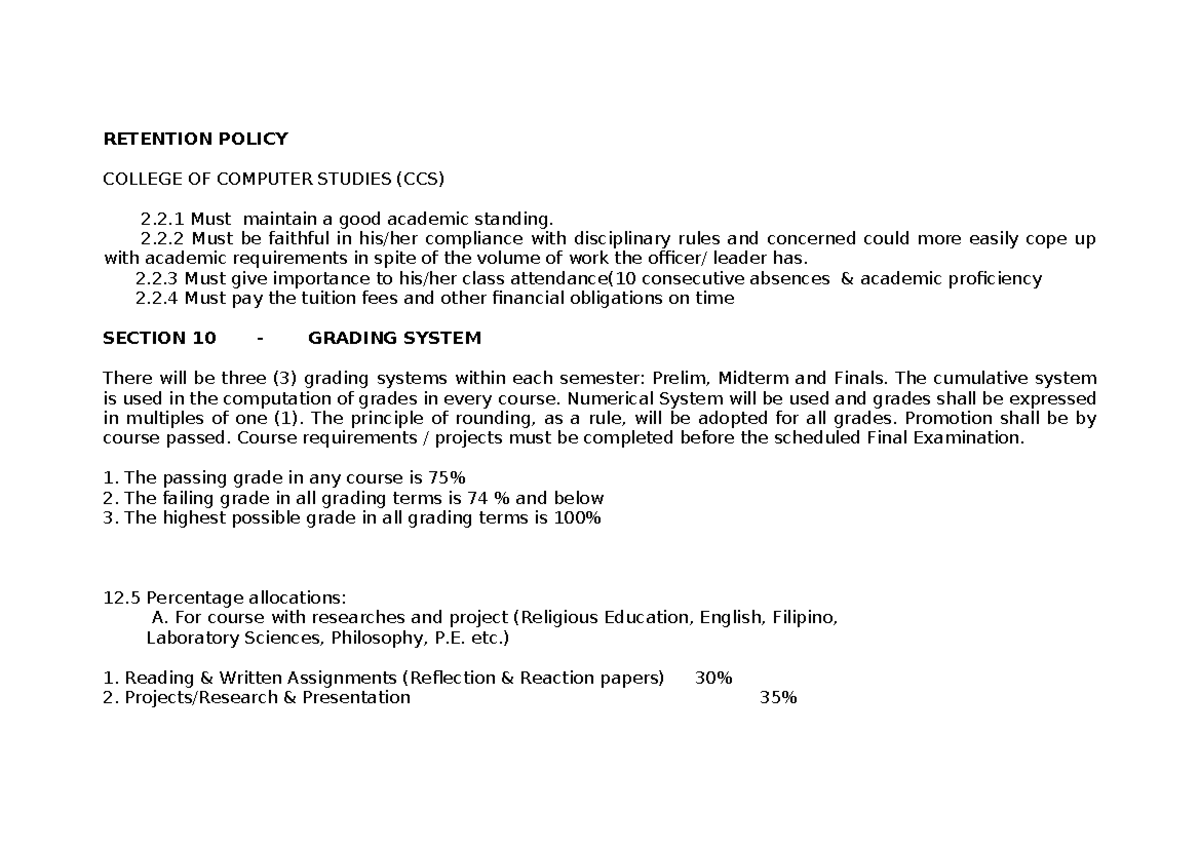 Retention Policy - lecture - RETENTION POLICY COLLEGE OF COMPUTER ...