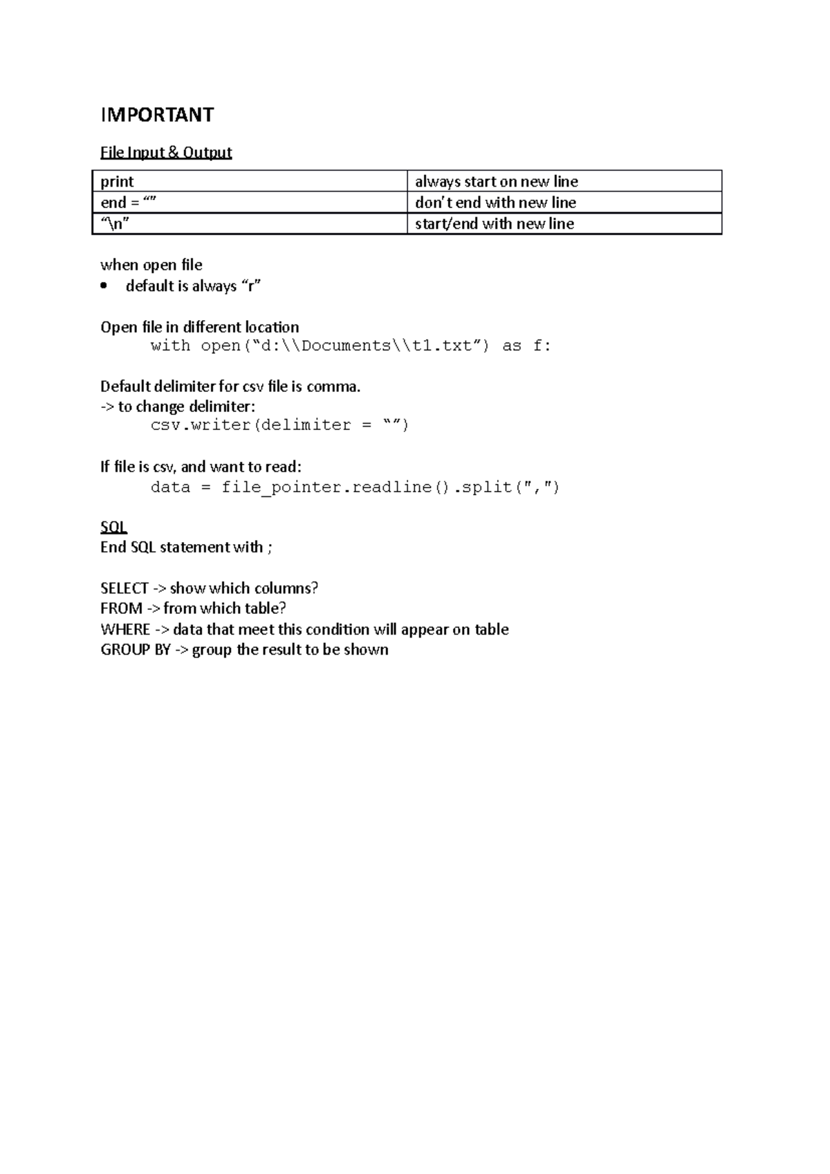 Python Notes 2: Essential File I/O and SQL Concepts for Tests - Studocu