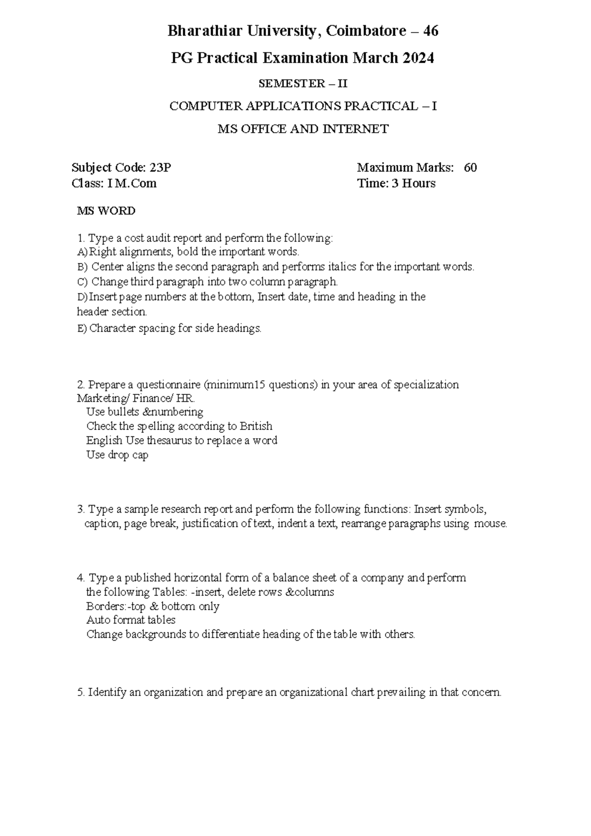 MBA Practical Exam - Computer Applications Practical I (23P) March 2024 ...