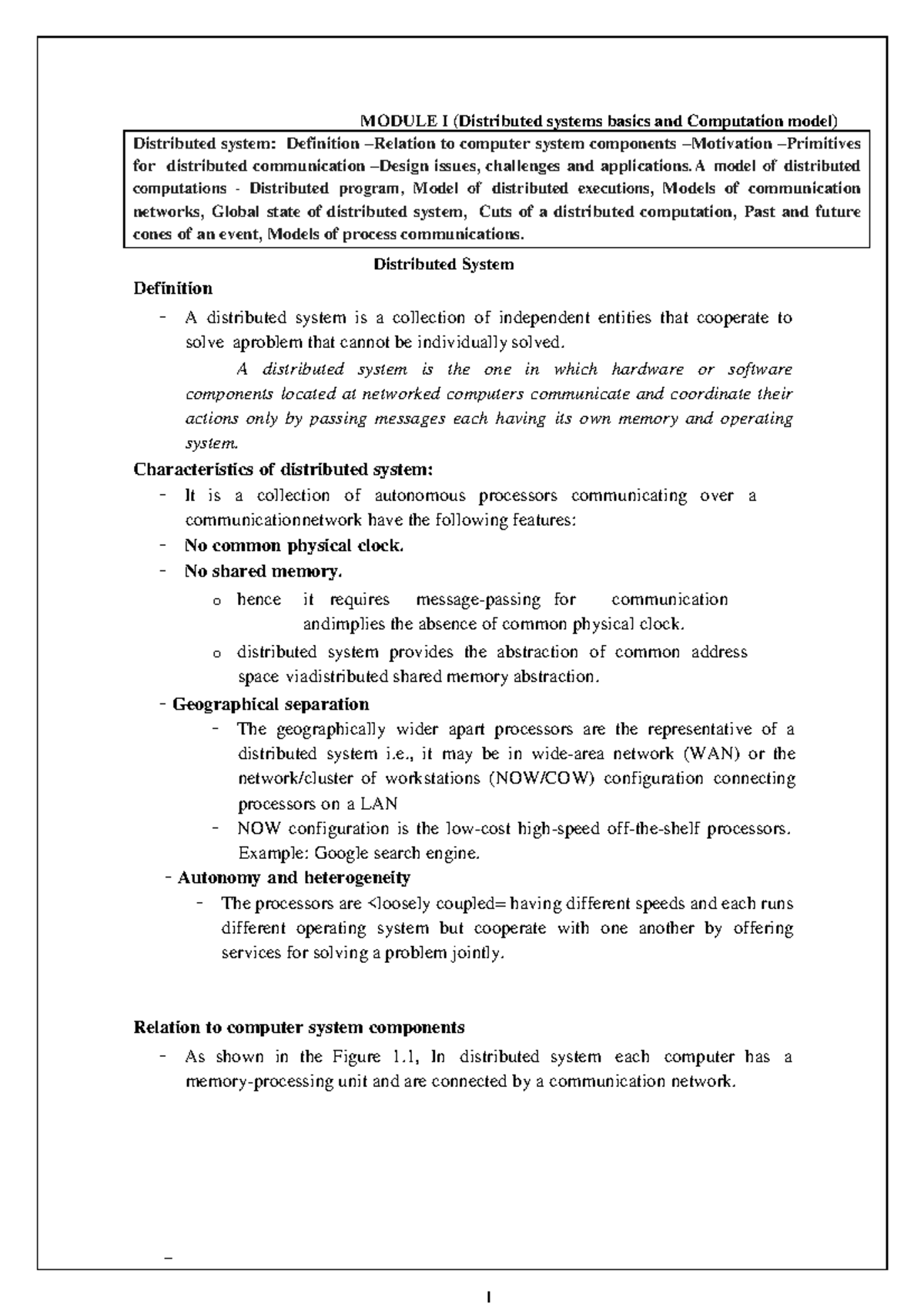 Module 1: Basics of Distributed Systems and Computation Models (CST 402 ...
