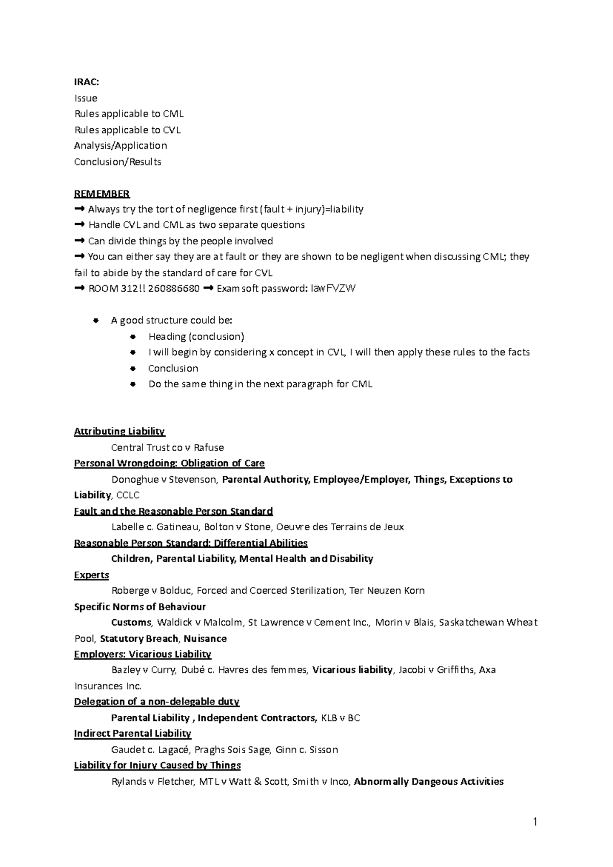 Torts CML & CVL Midterm Study Notes - Key Cases & Principles - Studocu