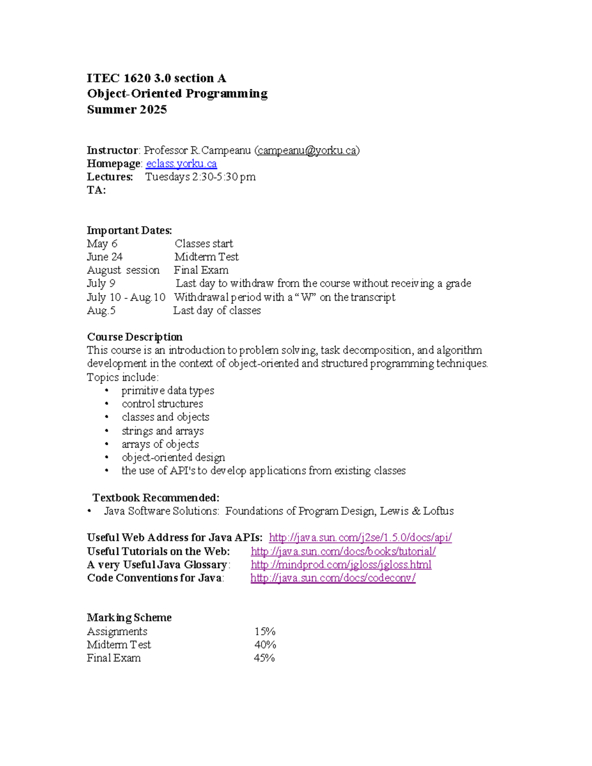 ITEC 1620 3.0 A Programming Course Outline Summer 2025 - Studocu