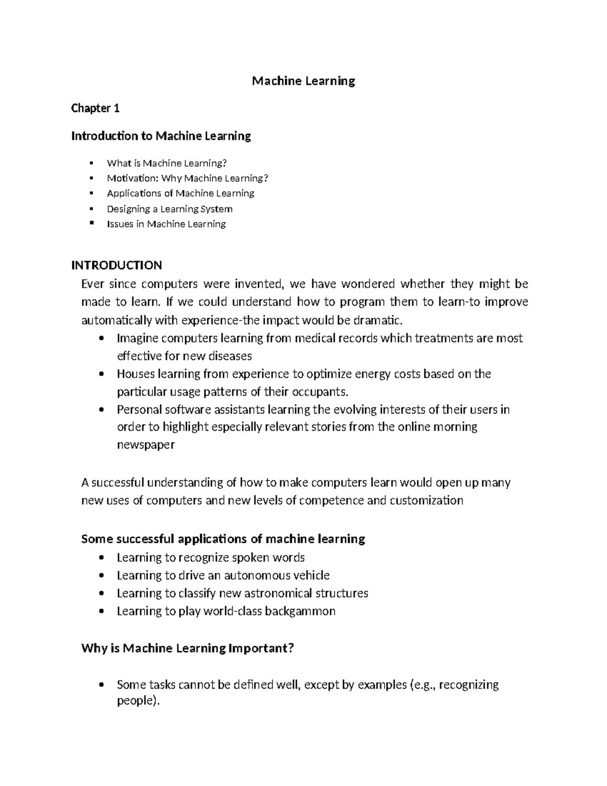 Machine Learning (CS101) Chapter 1: Introduction and Key Concepts - Studocu
