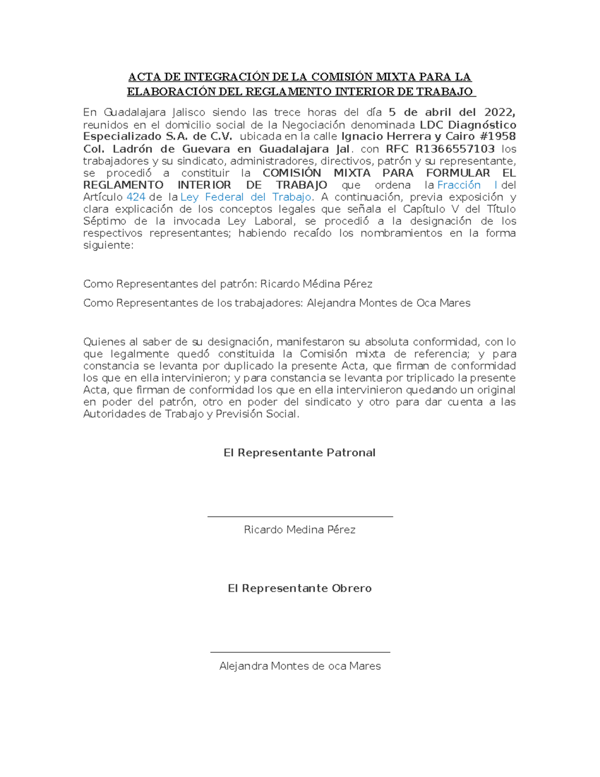 ACTA DE INTEGRACIÓN DE LA COMISIÓN MIXTA PARA EL REGLAMENTO INTERIOR DE ...