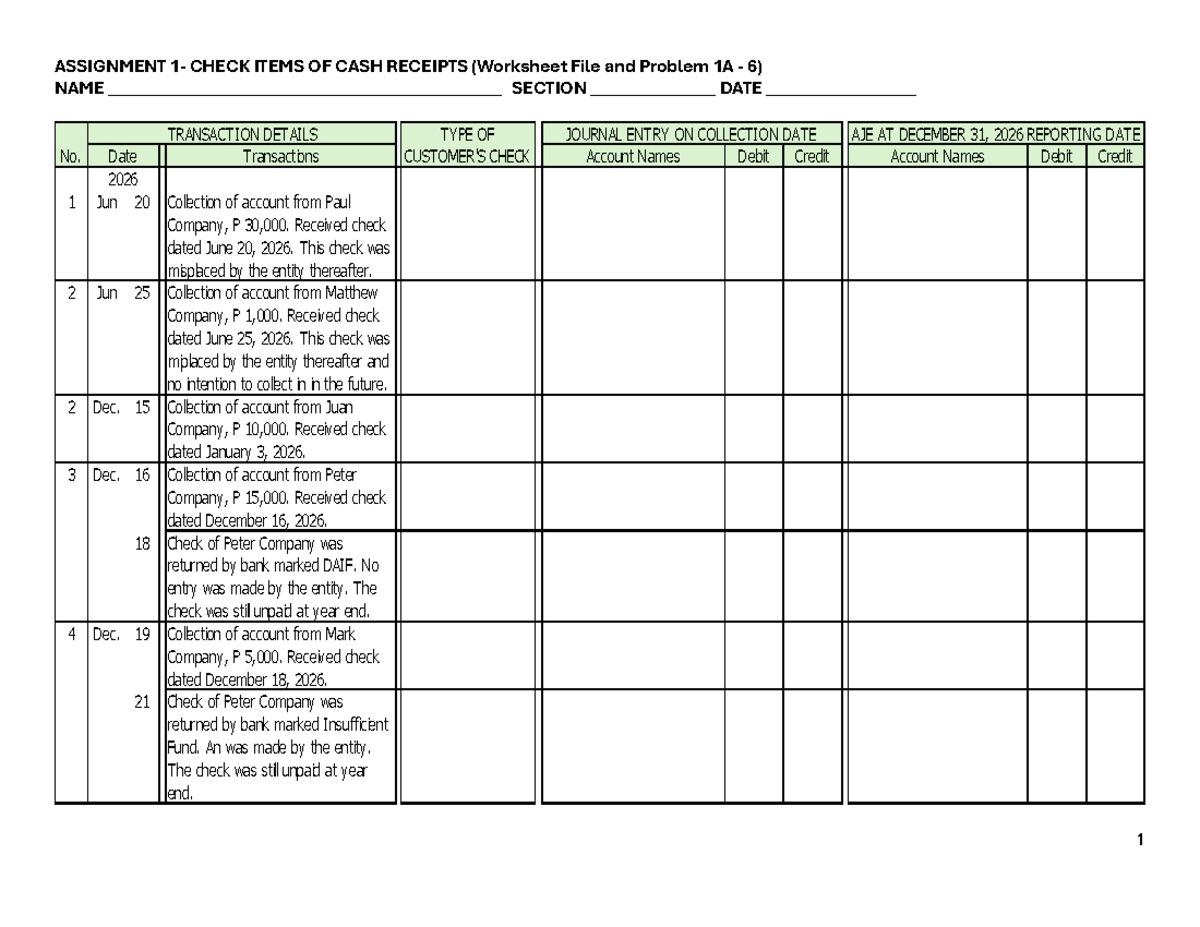 Assignment 1: Check Items of Cash Receipts & Disbursements (Worksheet ...