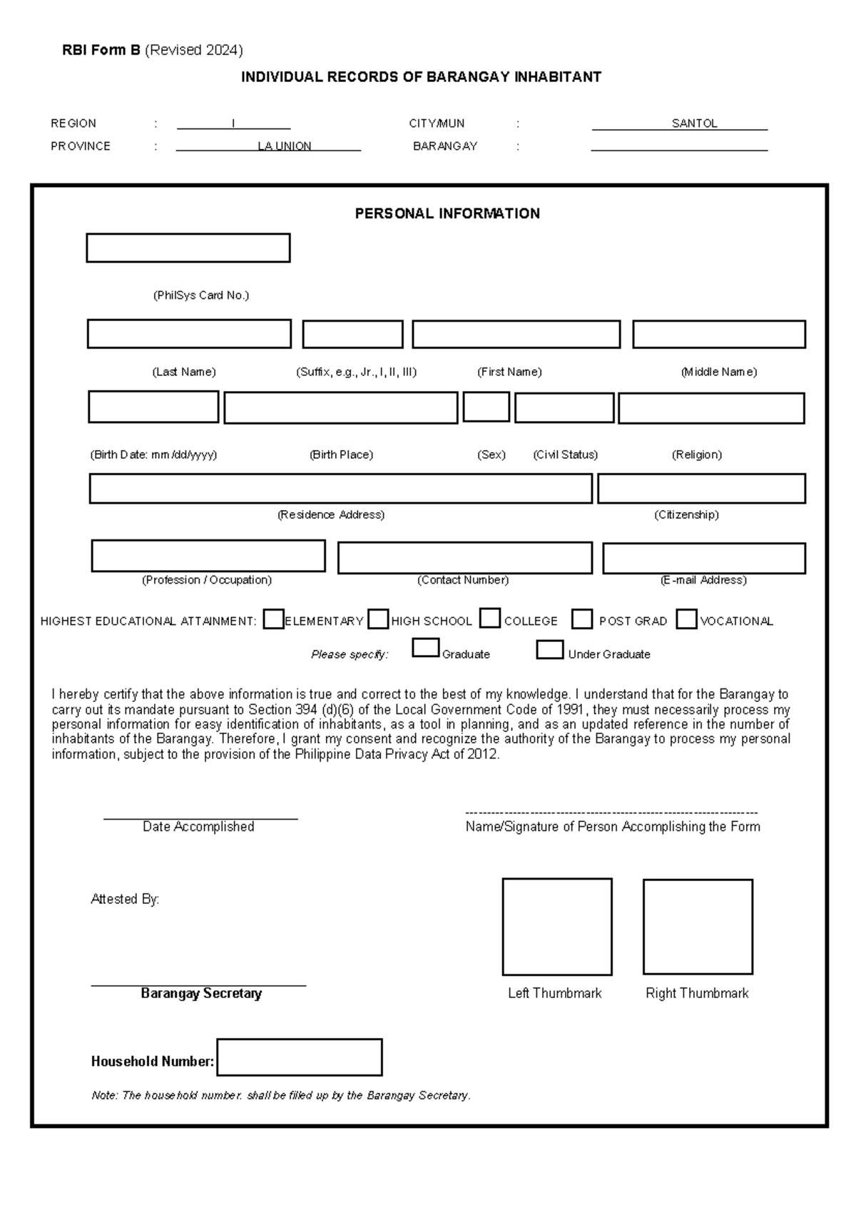 RBI Form B: Individual Records of Barangay Inhabitants 2024 - Studocu