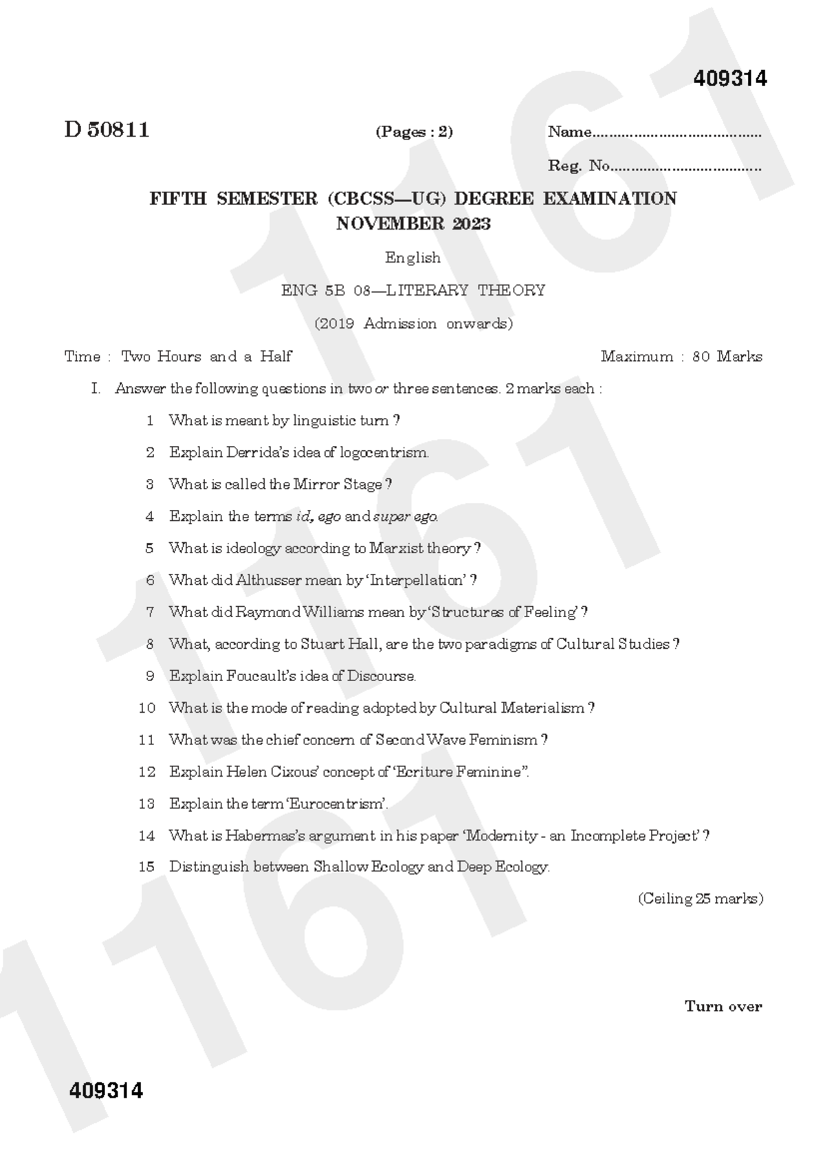 ENG 5B Theory - Fifth Semester Exam Questions (Nov 2023) - Studocu