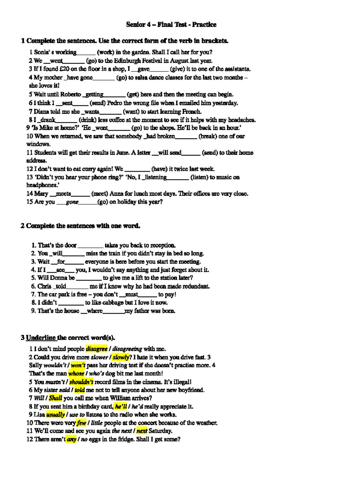 Senior 4 - Final Test Practice - Verb Forms and Vocabulary Exercises ...