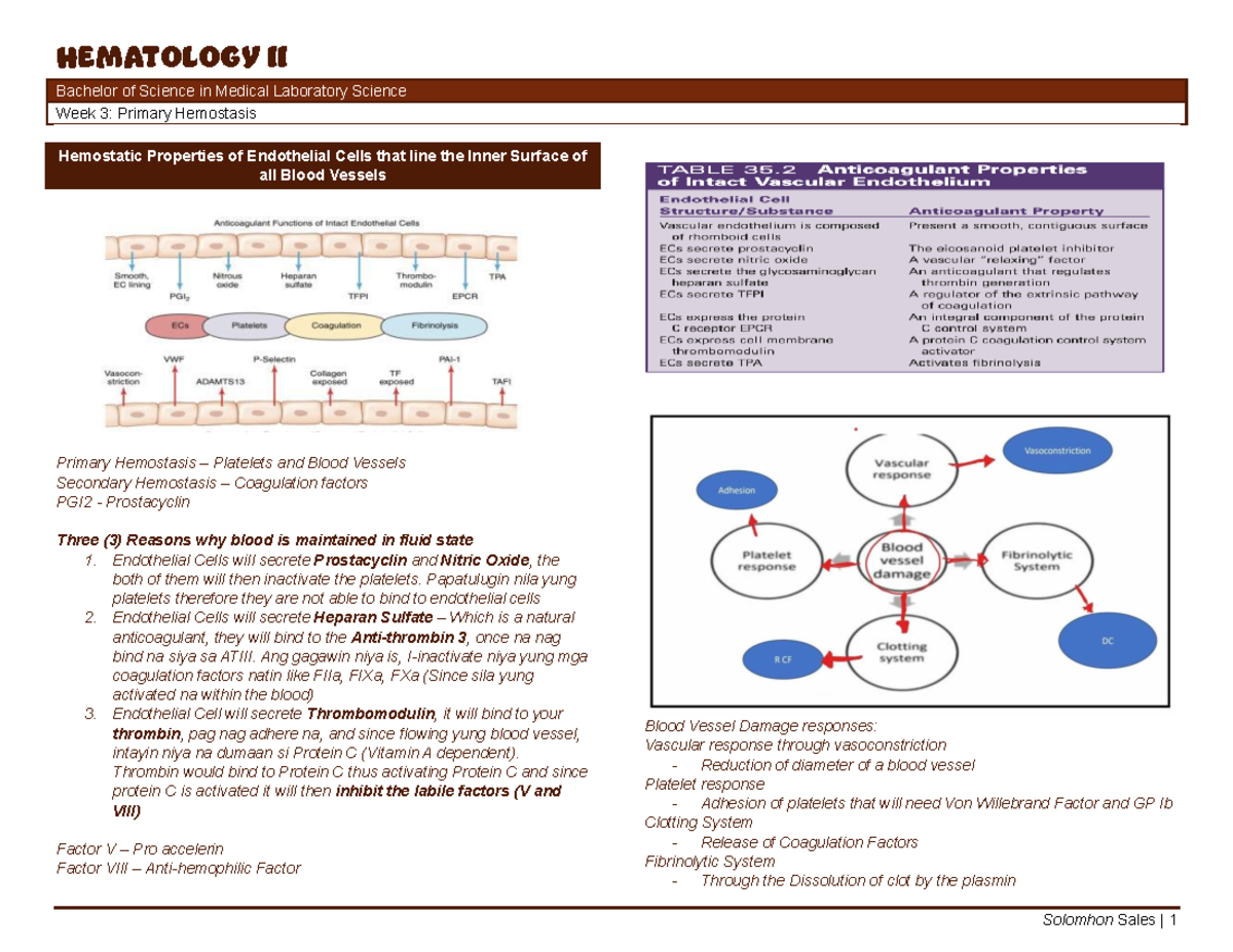 BSMLS HEMATOLOGY II - Week 3: Insights on Primary Hemostasis - Studocu