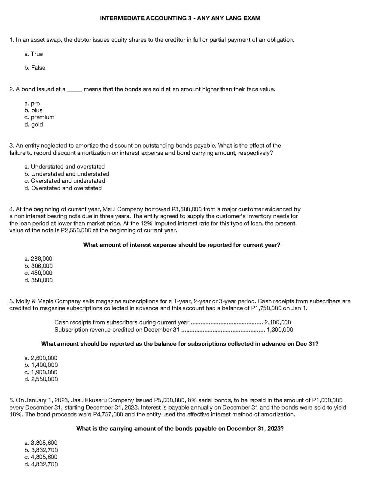 INTACC 3 FINAL EXAM REVIEWER: Key Concepts and Practice Questions - Studocu