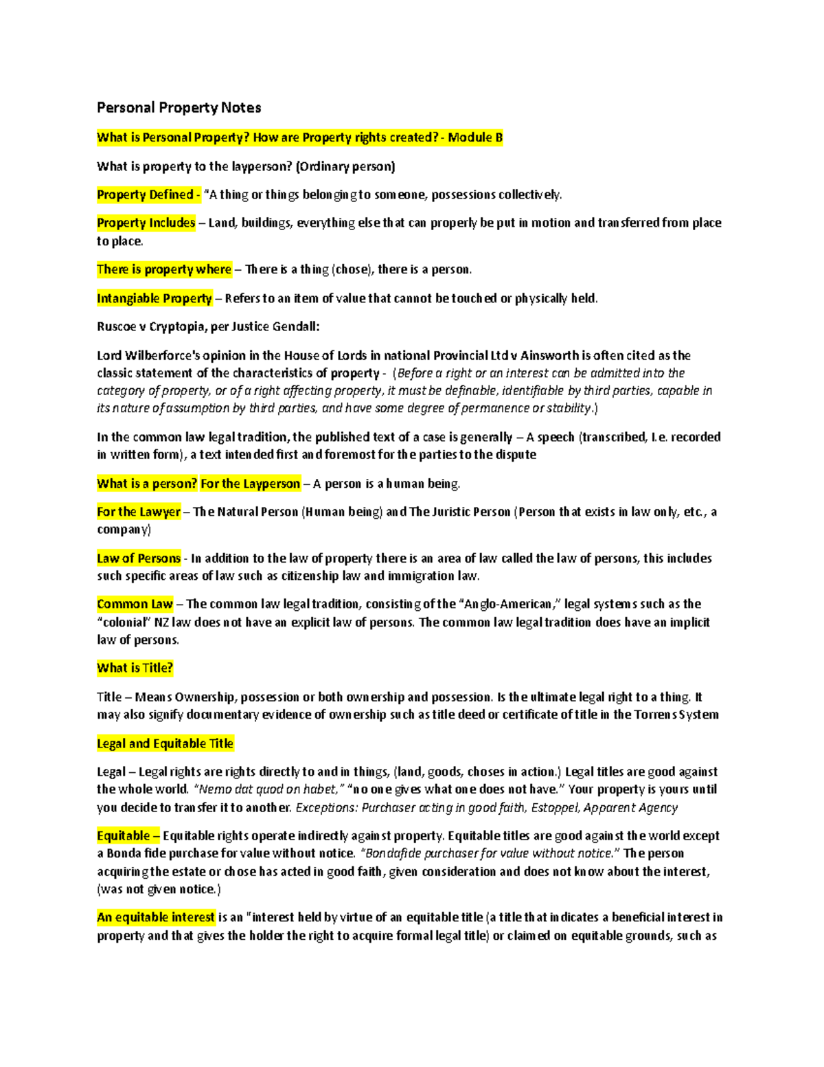 Personal Property (Law 101) Exam Notes: Key Concepts & Cases - Studocu