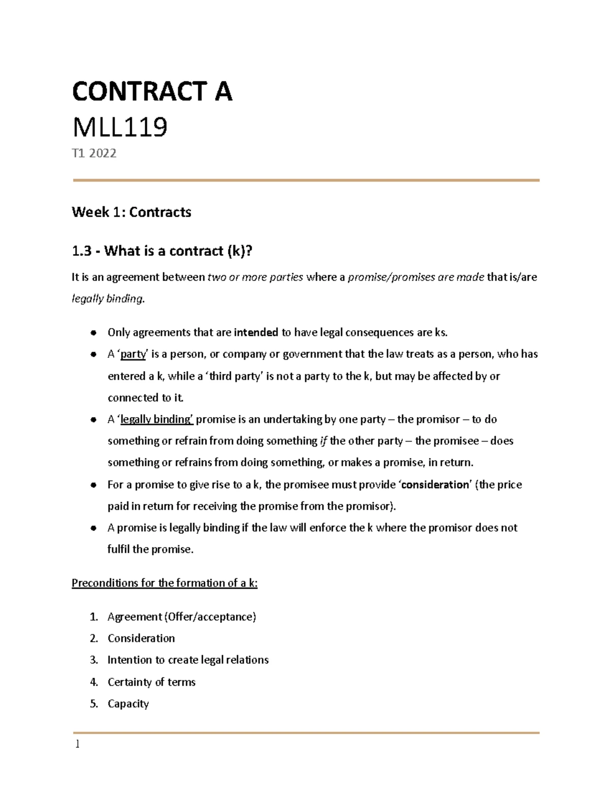 Contract Law A - Week Three Study Notes on Consideration - Studocu