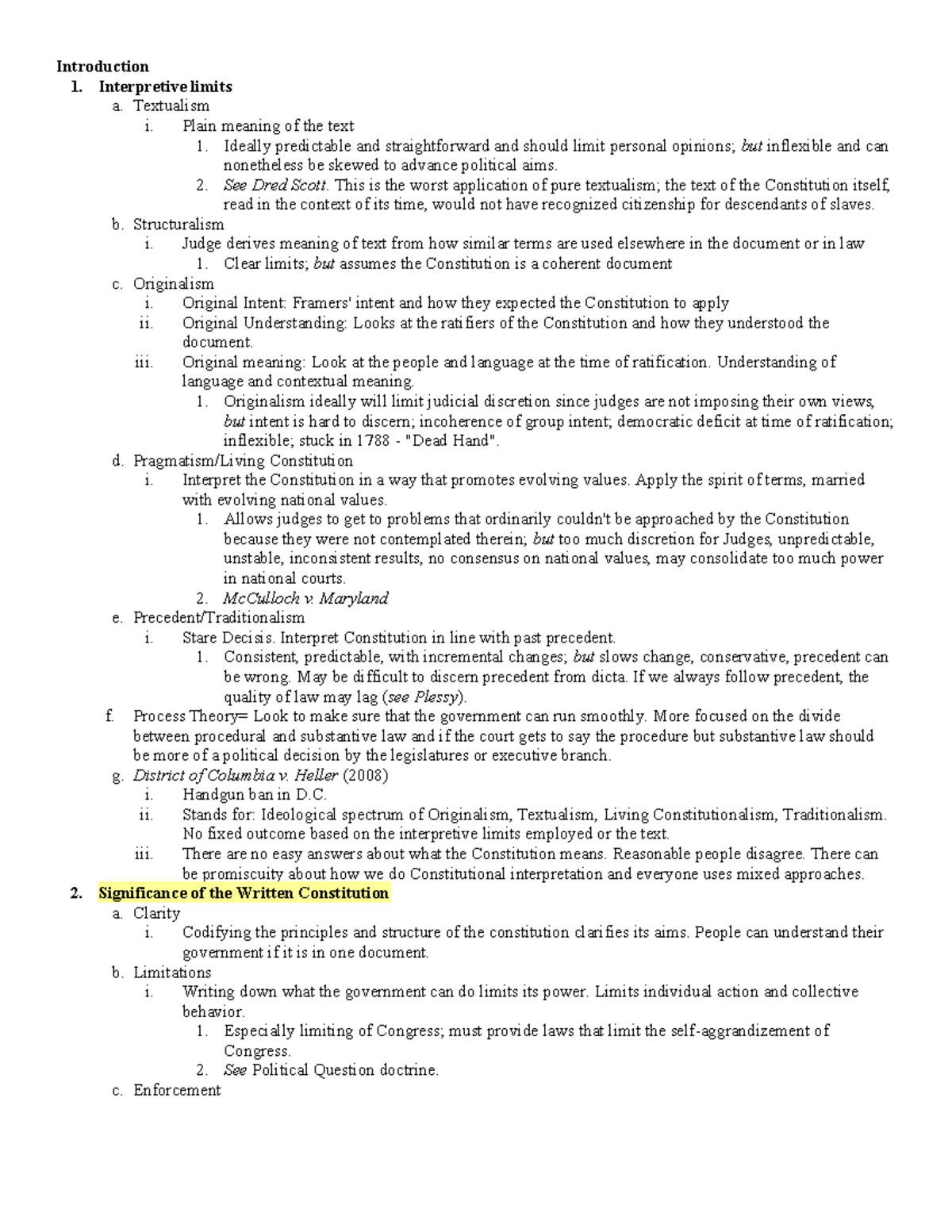 Constitutional Law Outline: Interpretive Methods and Key Cases - Studocu