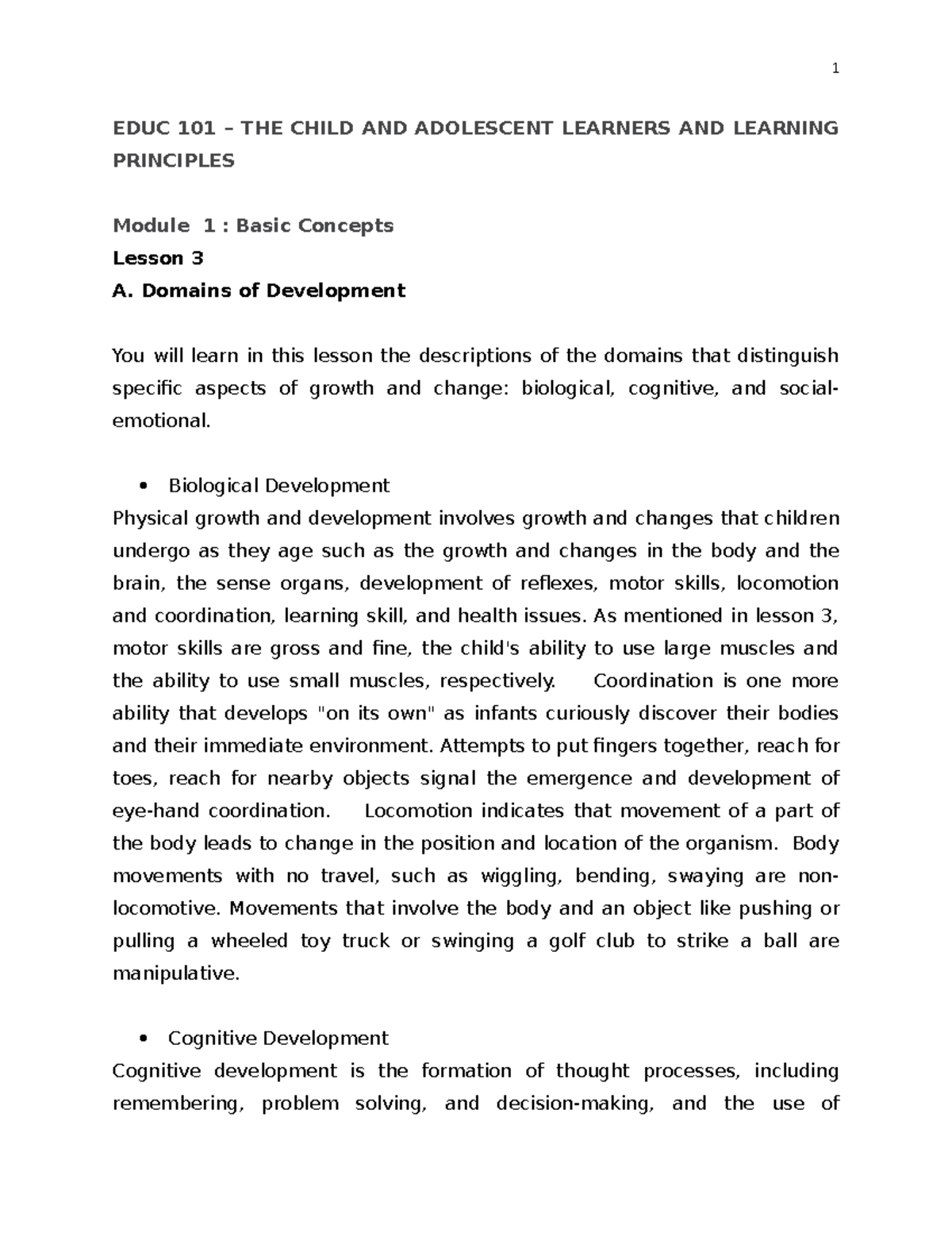 Educ 101 - Module 1 - Lesson 3A: Domains of Development Explained - Studocu