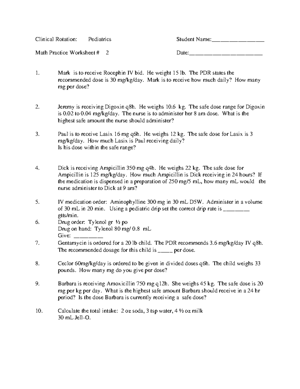 Peds2 3-09 - Practice - Clinical Rotation: Pediatrics Student Name ...