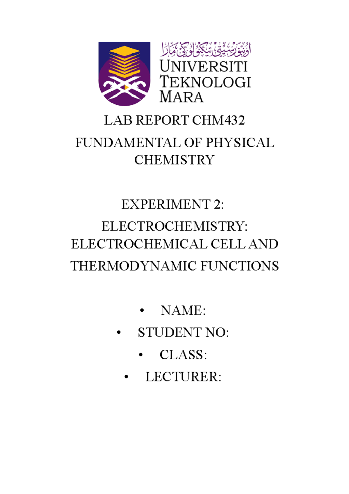 LAB Report 2 CHM432 - LAB REPORT CHM FUNDAMENTAL OF PHYSICAL CHEMISTRY ...