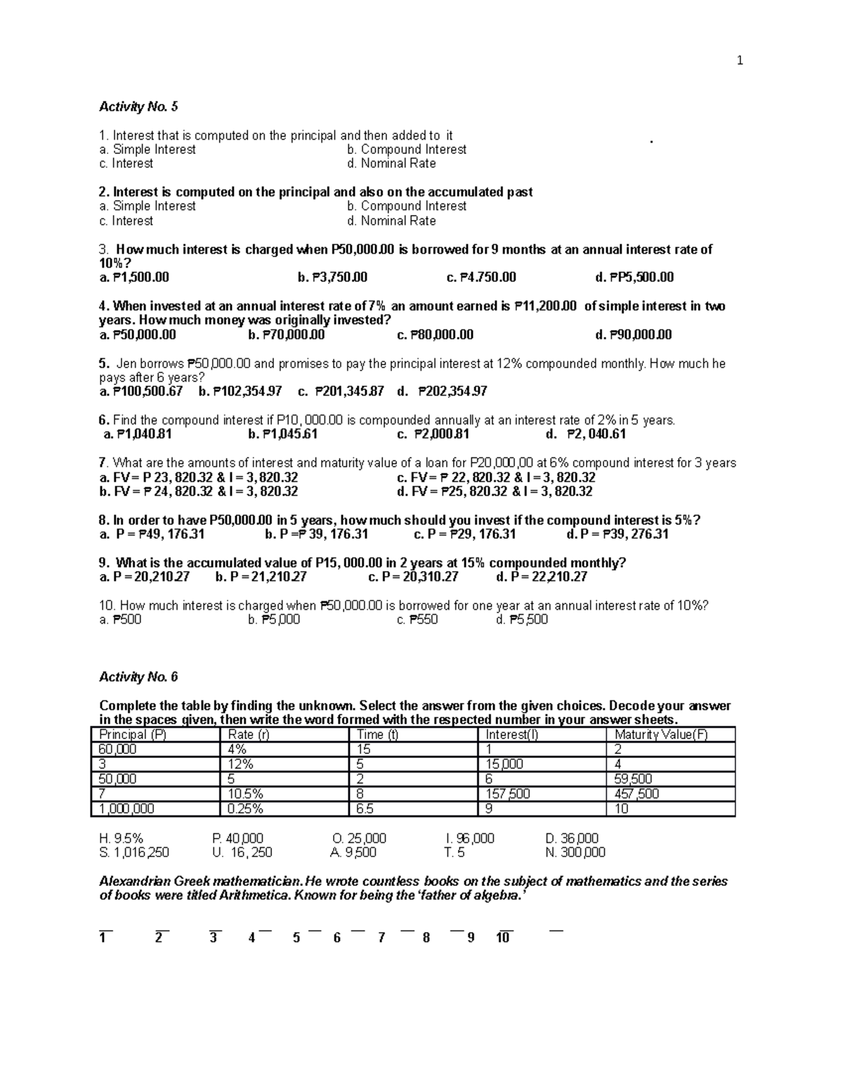Activity sheetin Gen Math 5-10 - Activity No. 5 Interest that is ...