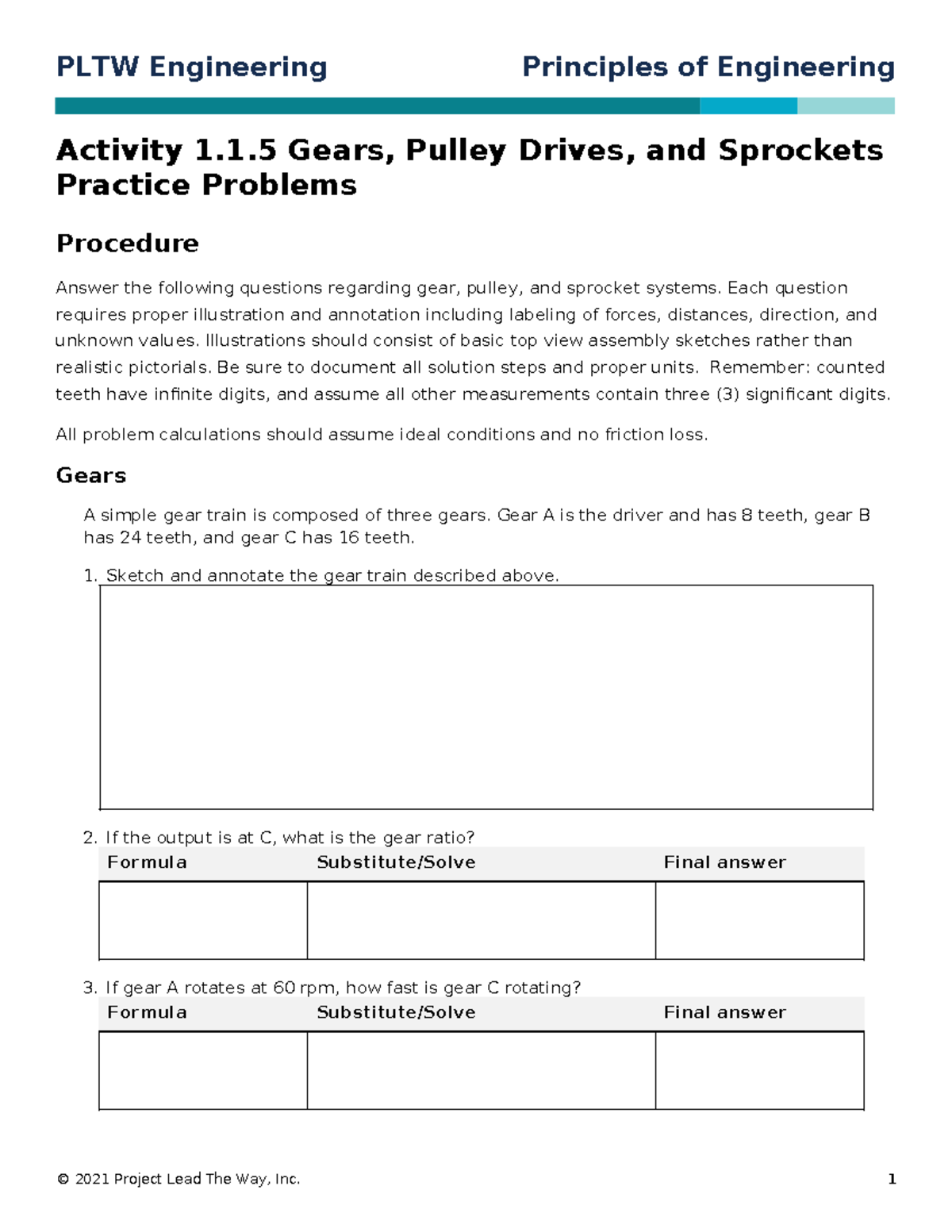 Poe 115 Final Exam Practice Problems on Gears, Pulley Drives ...