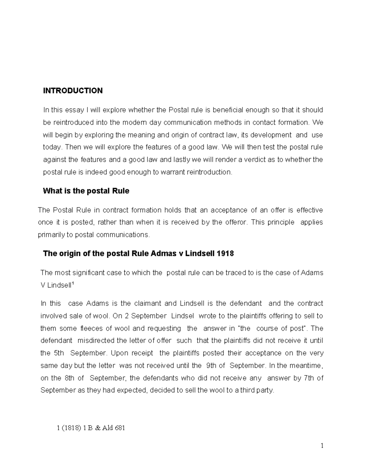 KOT Essay on the Postal Rule in Contract Law - Studocu