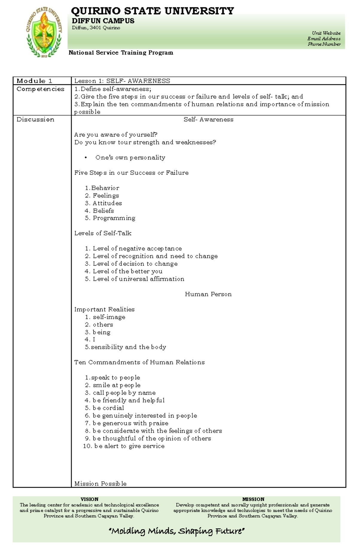 NSTP - Values Education - VISION The leading center for academic and ...