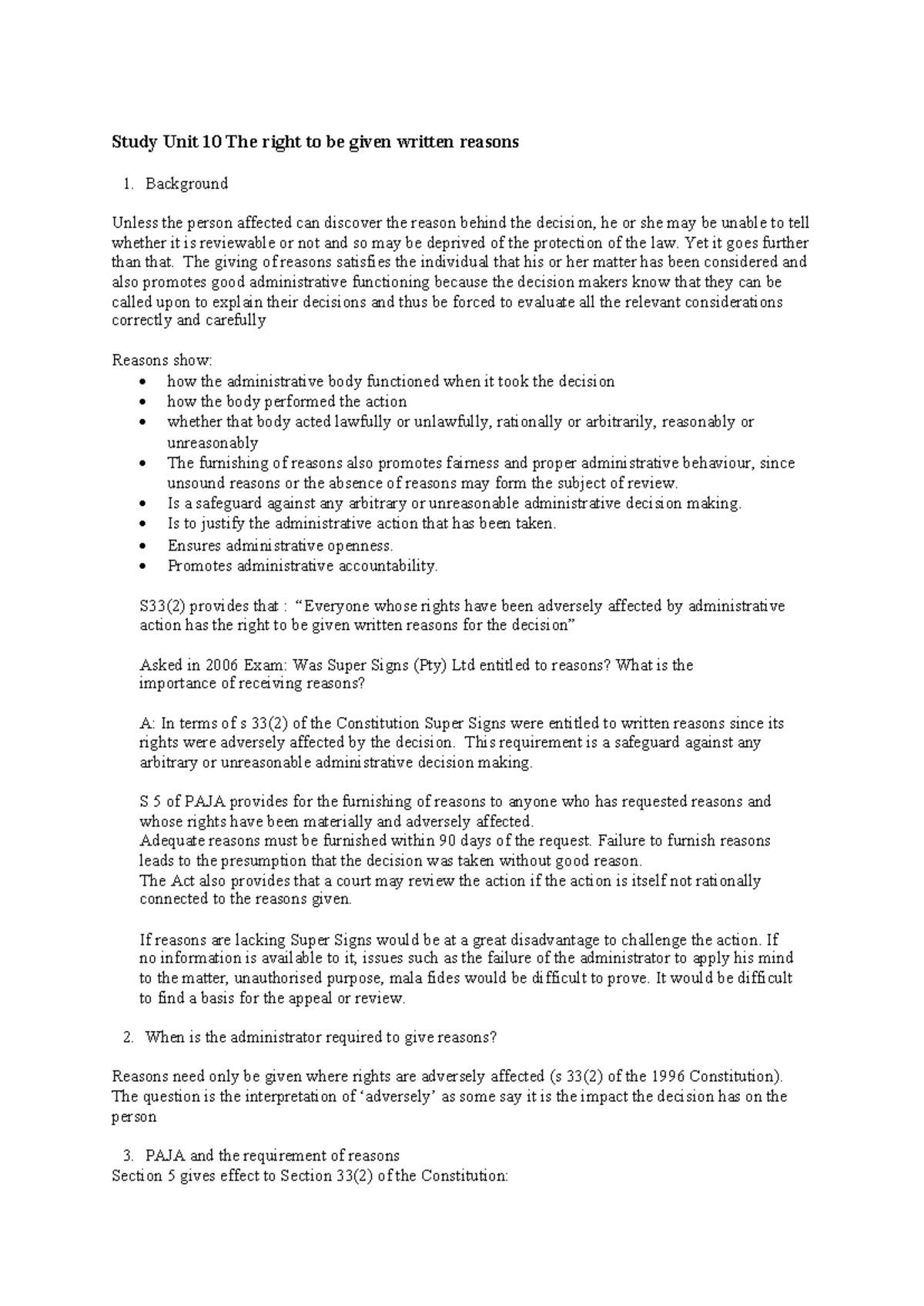 Study Unit 10 The right to be given written reasons - Yet it goes ...