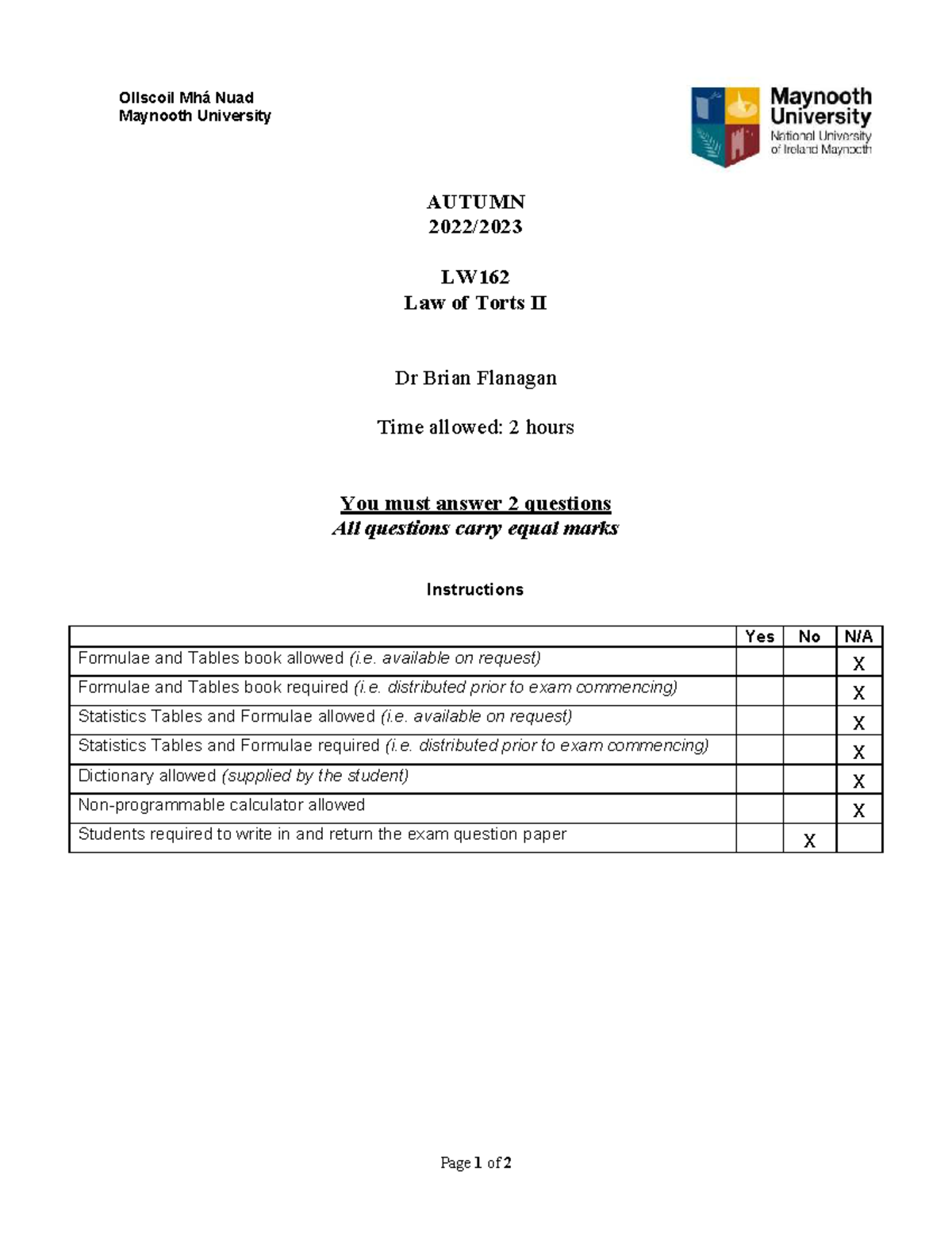 2023-LW162 Autumn Exam Paper - Law of Torts II - Studocu
