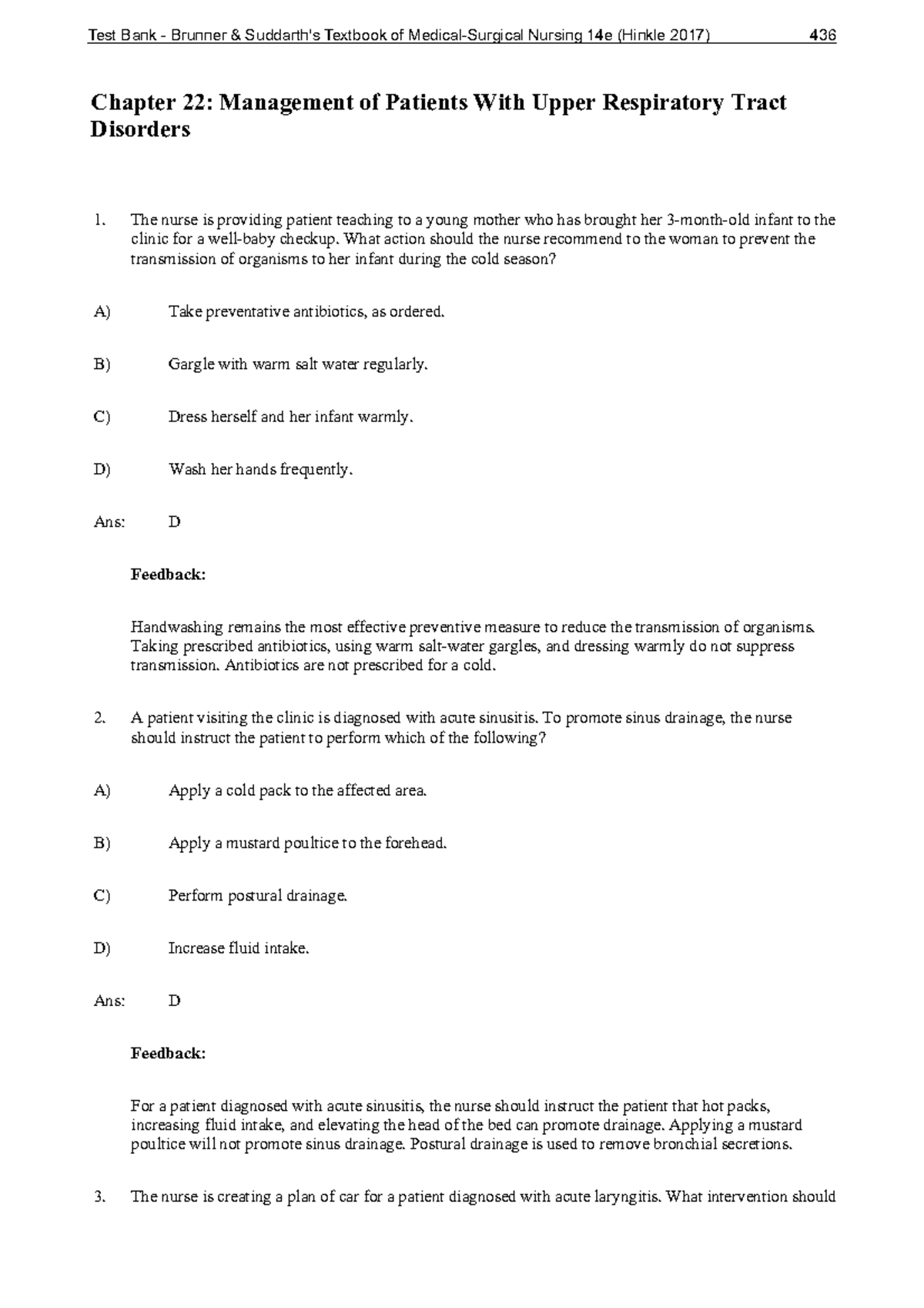 Ch 22 - Management of Upper Respiratory Tract Disorders Test Bank - Studocu