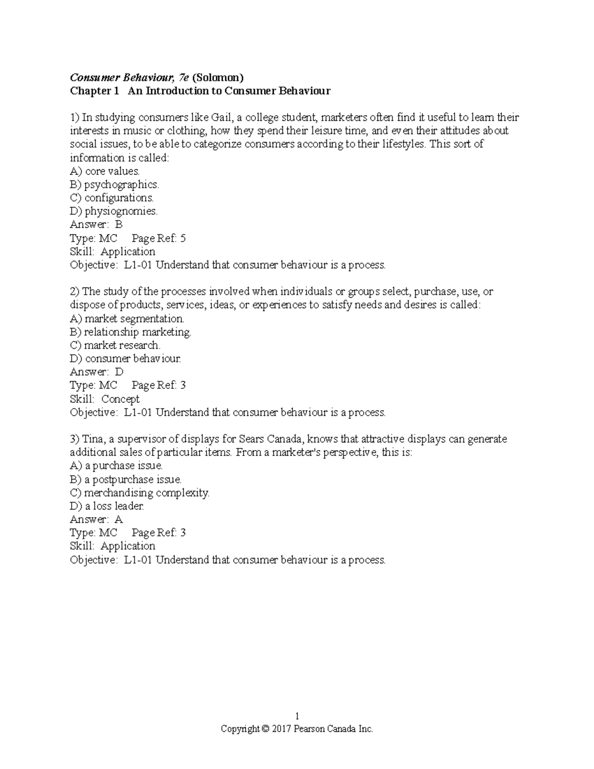 Consumer Behaviour Solomon Chapter 1 Test Bank Answers Studocu