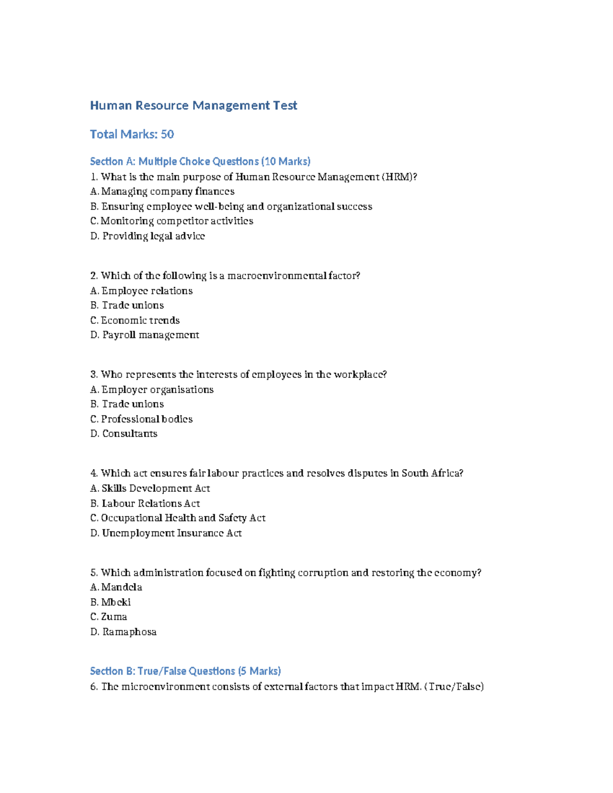 HRM 101 Full Test with Memo - Comprehensive Practice Question Paper ...