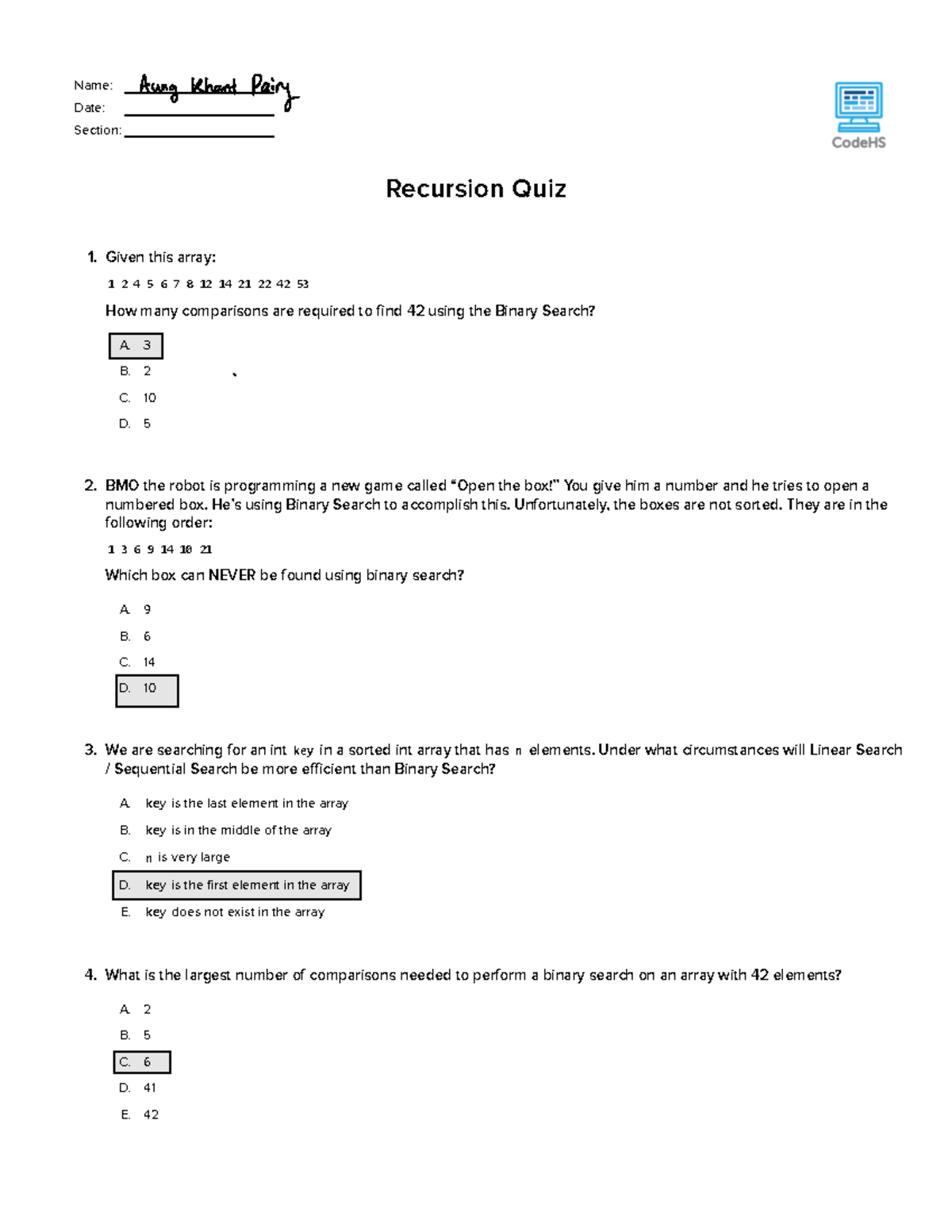 Recursion Quiz (COMP 101): Evaluating Binary Search & Sorting Methods ...
