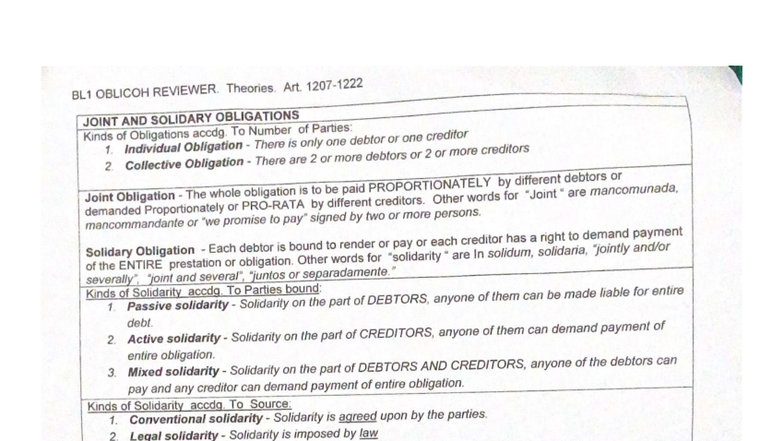 BL1 Obligations Reviewer: Joint & Solidary Obligations Explained - Studocu