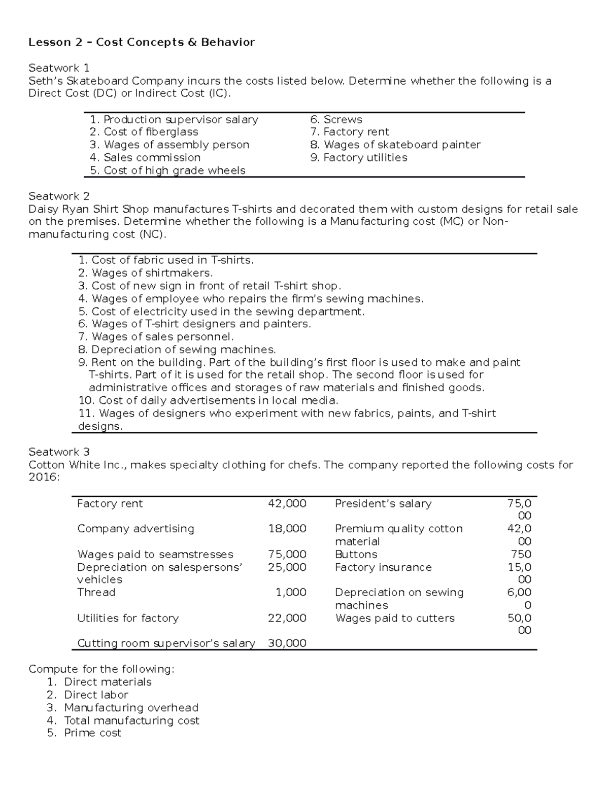 333890475 FSA 2 Lesson 2 – Cost Concepts & Behavior Seatwork - Studocu